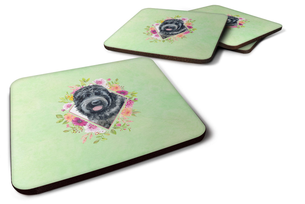 Russian Black Terrier Green Flowers Foam Coasters Set of 4 Cup Coasters for Indoor Outdoor, Tabletop Protection, Anti Slip, Mouse pad Material