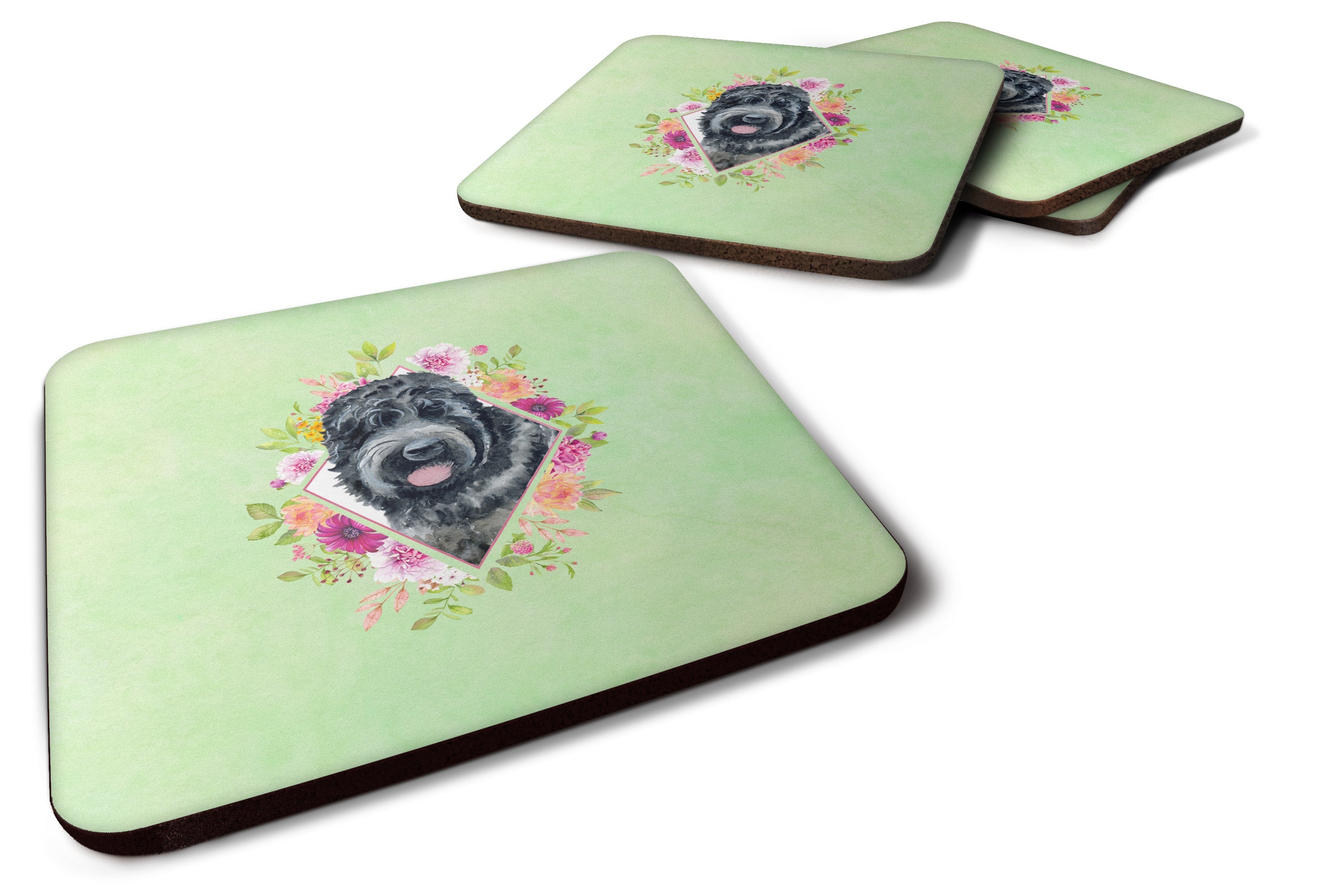 Russian Black Terrier Green Flowers Foam Coasters Set of 4 Cup Coasters for Indoor Outdoor, Tabletop Protection, Anti Slip, Mouse pad Material