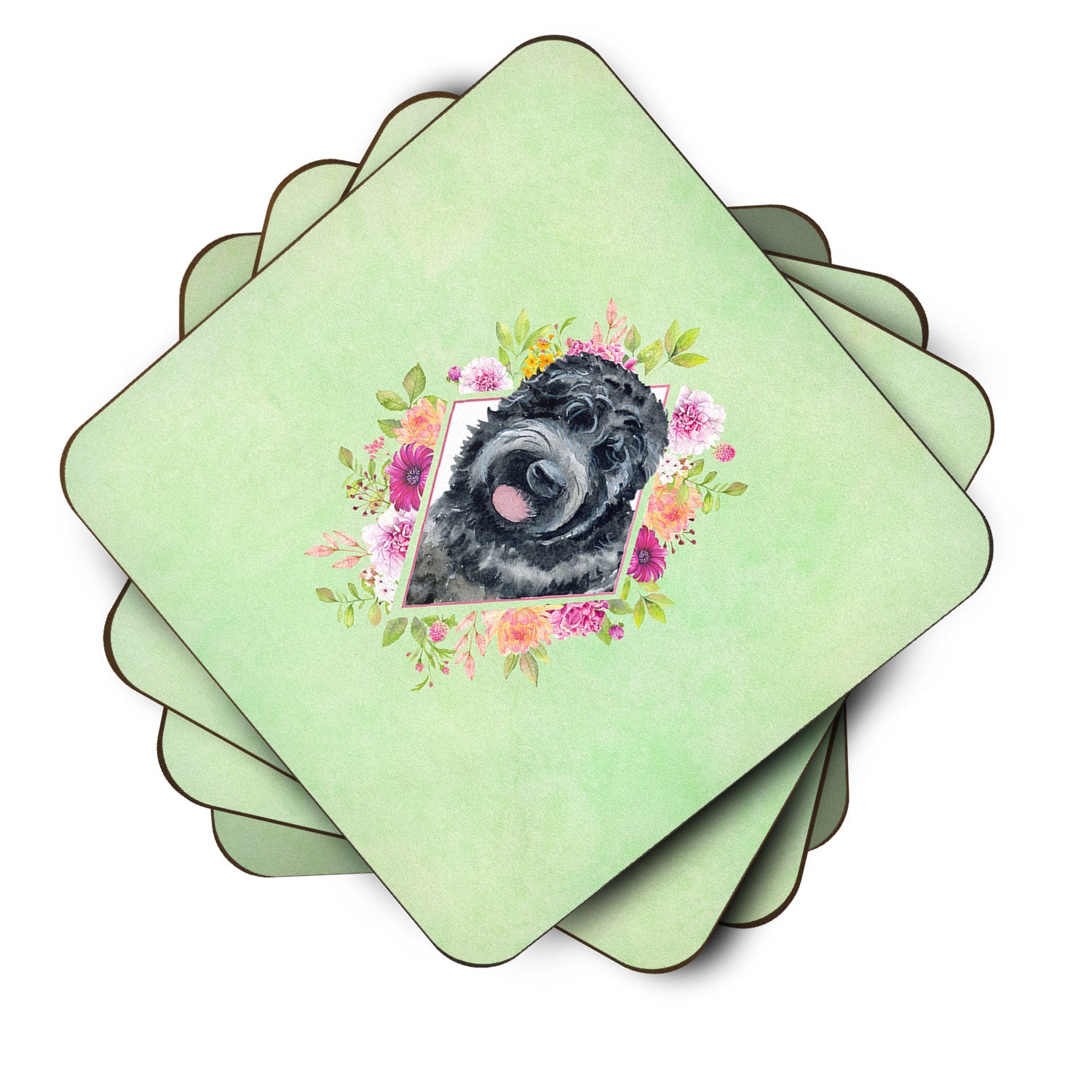 Russian Black Terrier Green Flowers Foam Coasters Set of 4 Cup Coasters for Indoor Outdoor, Tabletop Protection, Anti Slip, Mouse pad Material