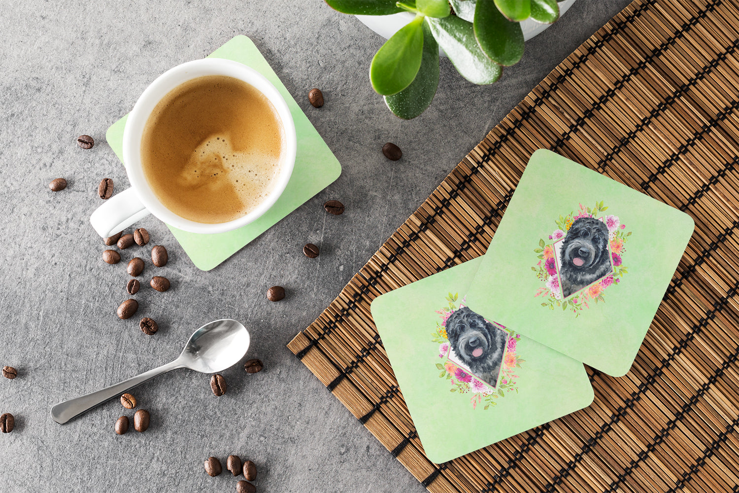 Russian Black Terrier Green Flowers Foam Coasters Set of 4 Cup Coasters for Indoor Outdoor, Tabletop Protection, Anti Slip, Mouse pad Material