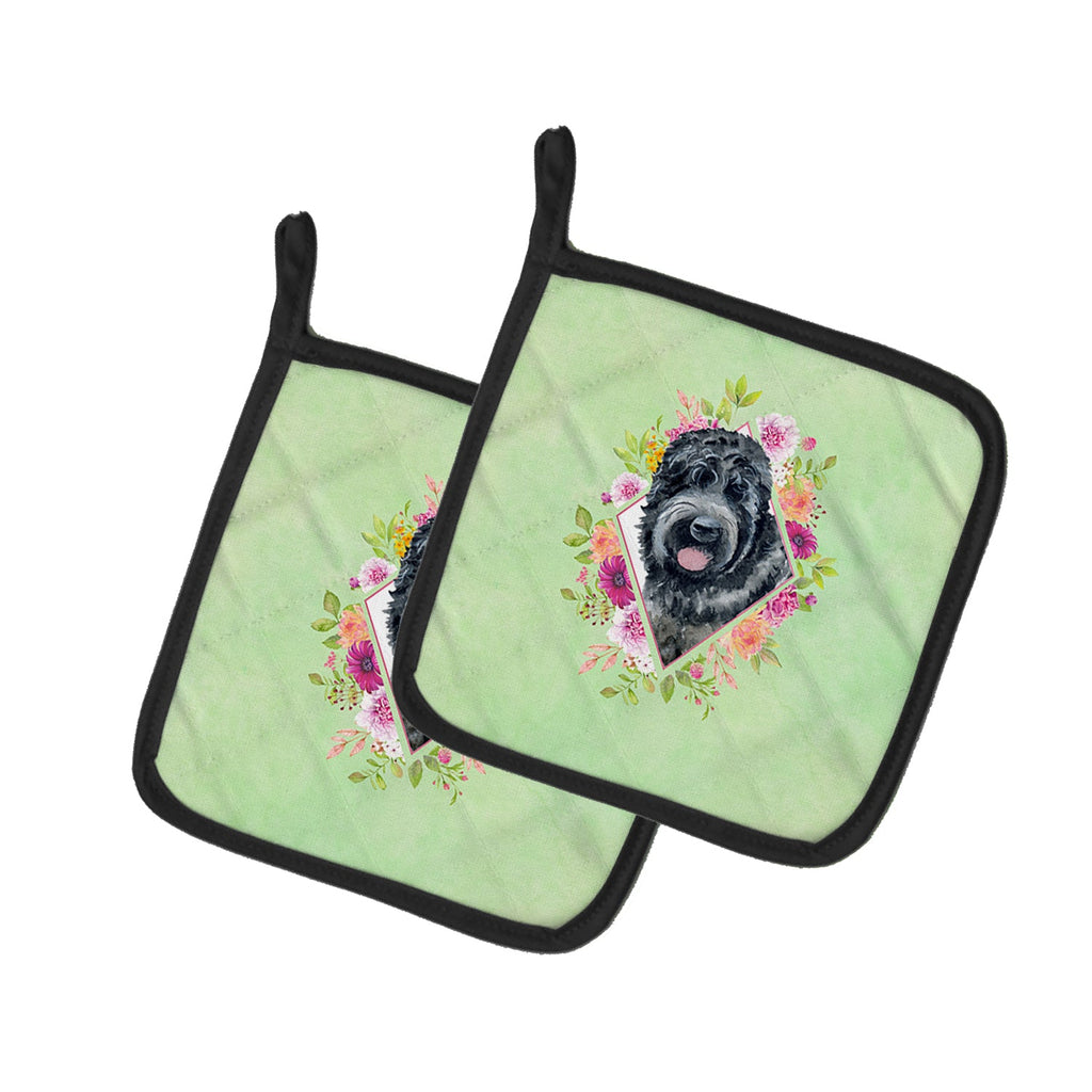 Russian Black Terrier Green Flowers Pot Holder Set of 2 Heat Resistant Quilted Hot Pads 7.5 x 7.5 Inch, Insulated Kitchen Trivets for Cooking & Baking
