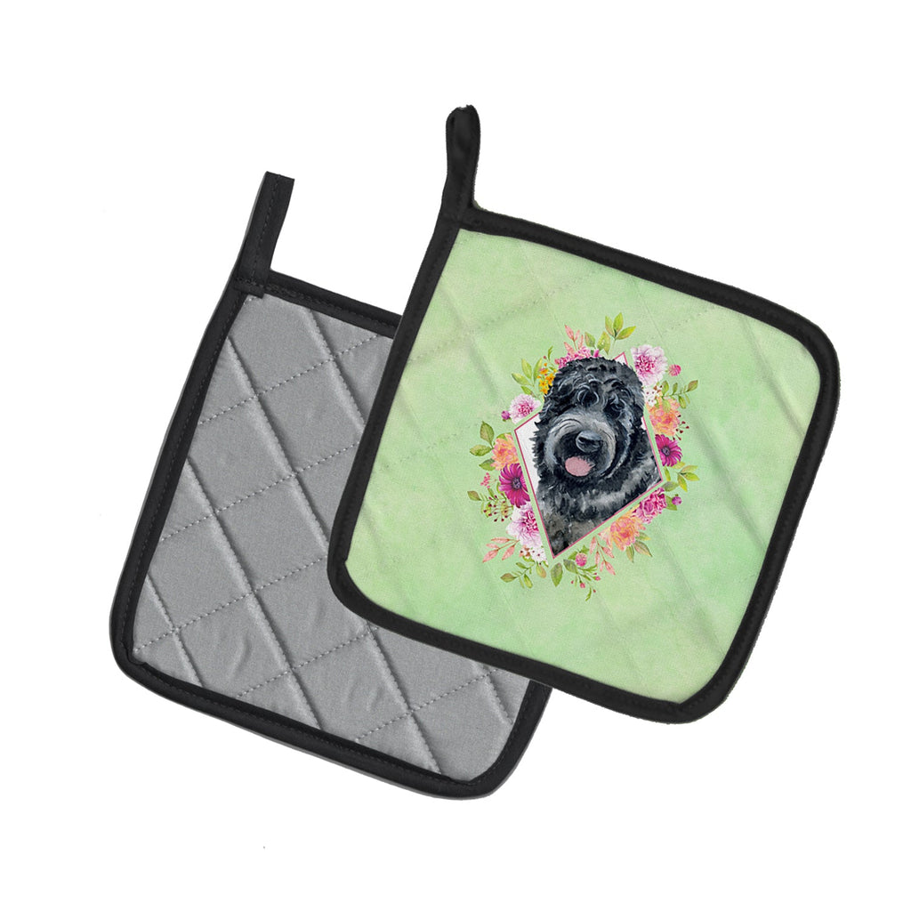 Russian Black Terrier Green Flowers Pot Holder Set of 2 Heat Resistant Quilted Hot Pads 7.5 x 7.5 Inch, Insulated Kitchen Trivets for Cooking & Baking