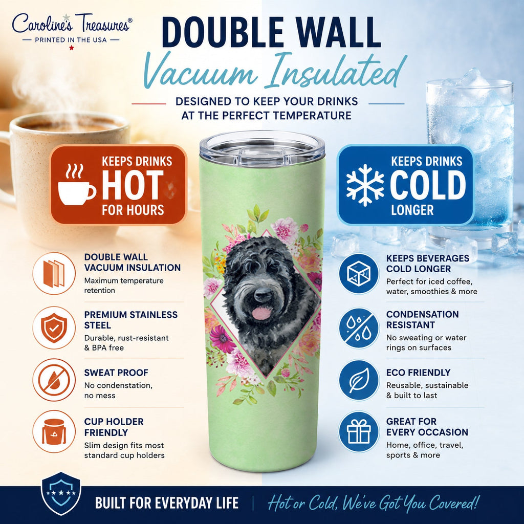 Russian Black Terrier Green Flowers Stainless Steel Skinny Tumbler 20 oz Vacuum Double Walled Reusable Insulated Travel Cup