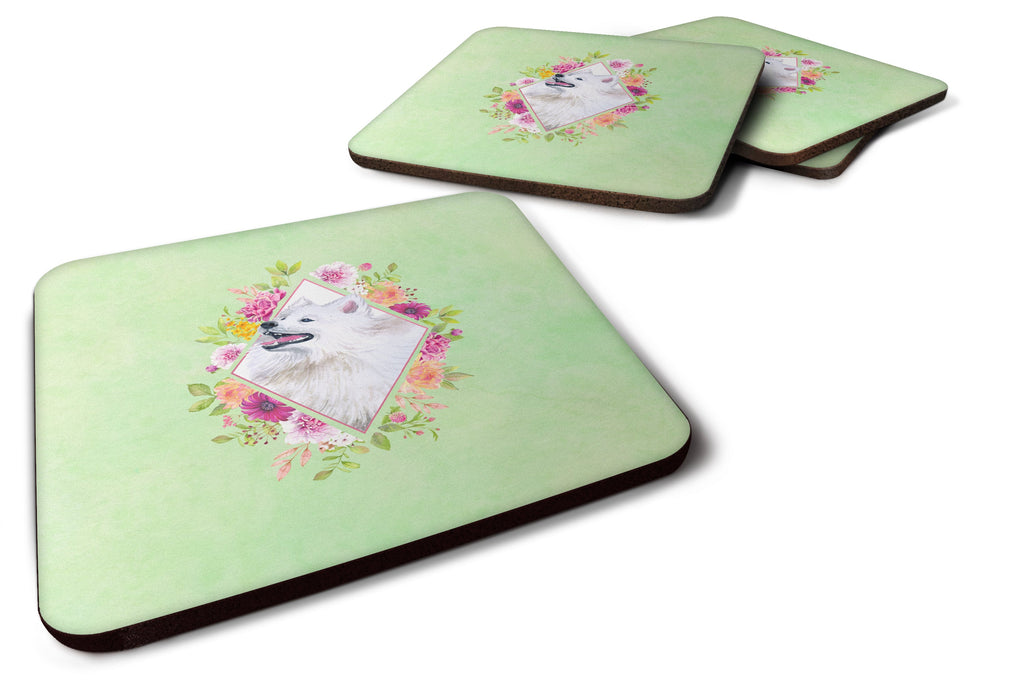 Samoyed Green Flowers Foam Coasters Set of 4 Cup Coasters for Indoor Outdoor, Tabletop Protection, Anti Slip, Mouse pad Material