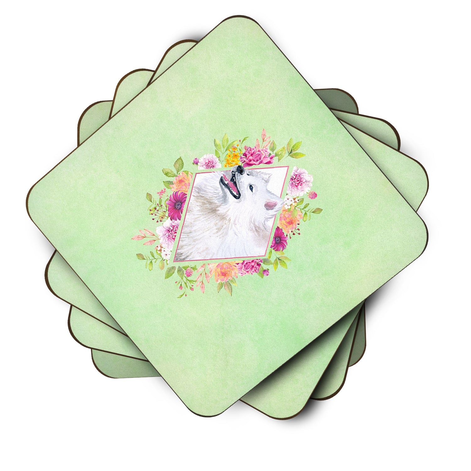 Samoyed Green Flowers Foam Coasters Set of 4 Cup Coasters for Indoor Outdoor, Tabletop Protection, Anti Slip, Mouse pad Material