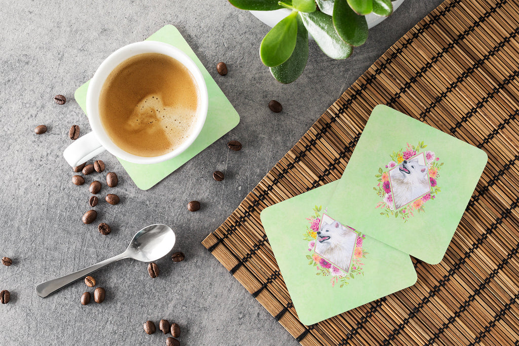 Samoyed Green Flowers Foam Coasters Set of 4 Cup Coasters for Indoor Outdoor, Tabletop Protection, Anti Slip, Mouse pad Material