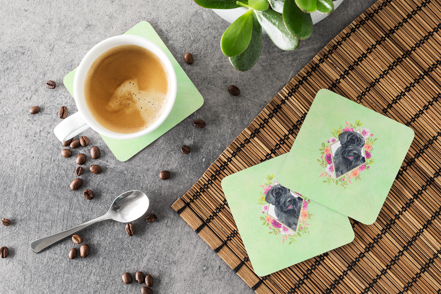 Giant Schnauzer Green Flowers Foam Coasters Set of 4 Cup Coasters for Indoor Outdoor, Tabletop Protection, Anti Slip, Mouse pad Material