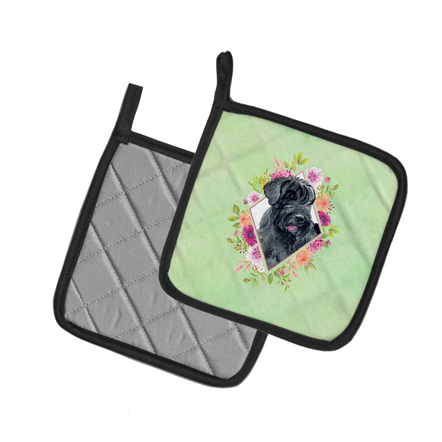 Giant Schnauzer Green Flowers Pot Holder Set of 2 Heat Resistant Quilted Hot Pads 7.5 x 7.5 Inch, Insulated Kitchen Trivets for Cooking & Baking