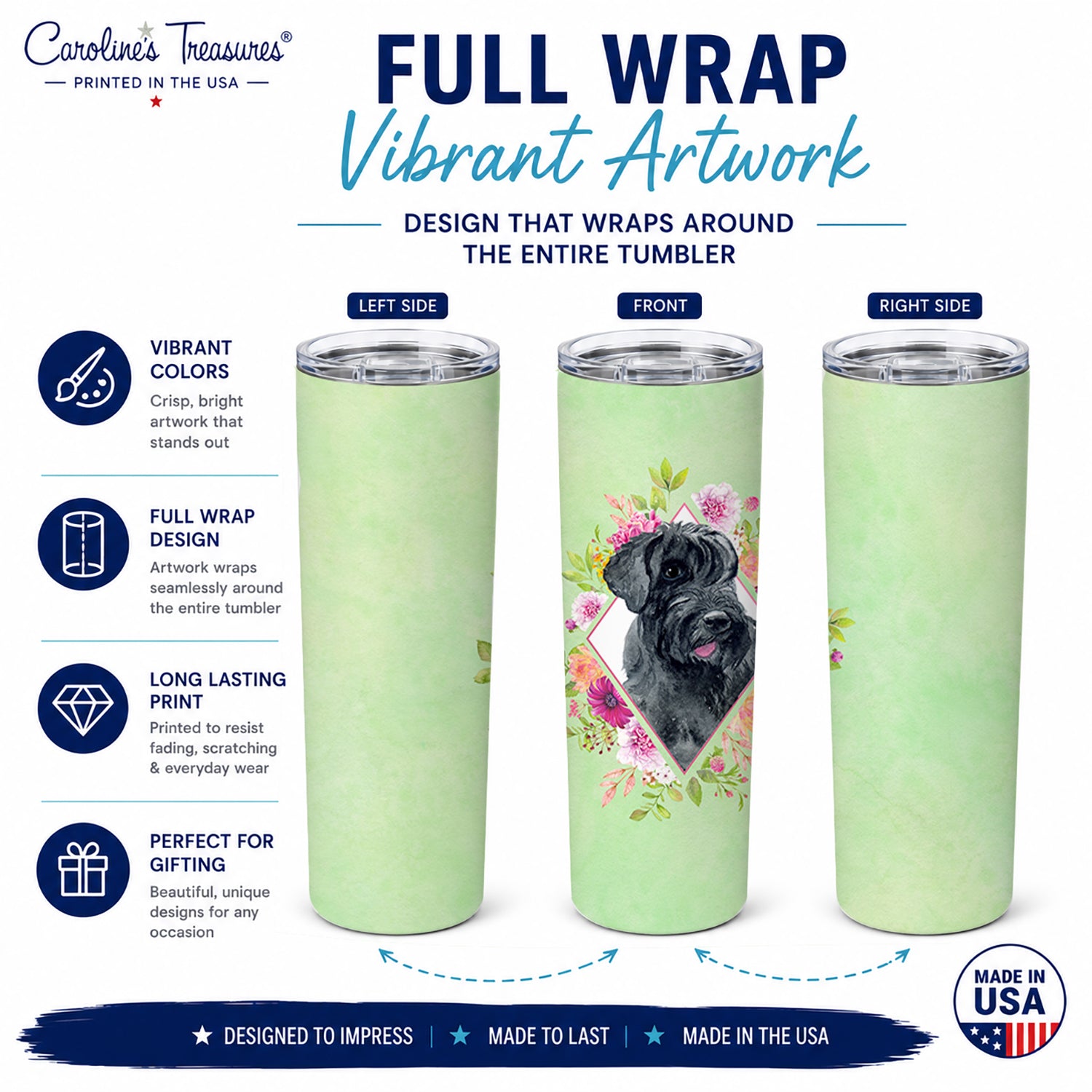 Giant Schnauzer Green Flowers Stainless Steel Skinny Tumbler 20 oz Vacuum Double Walled Reusable Insulated Travel Cup