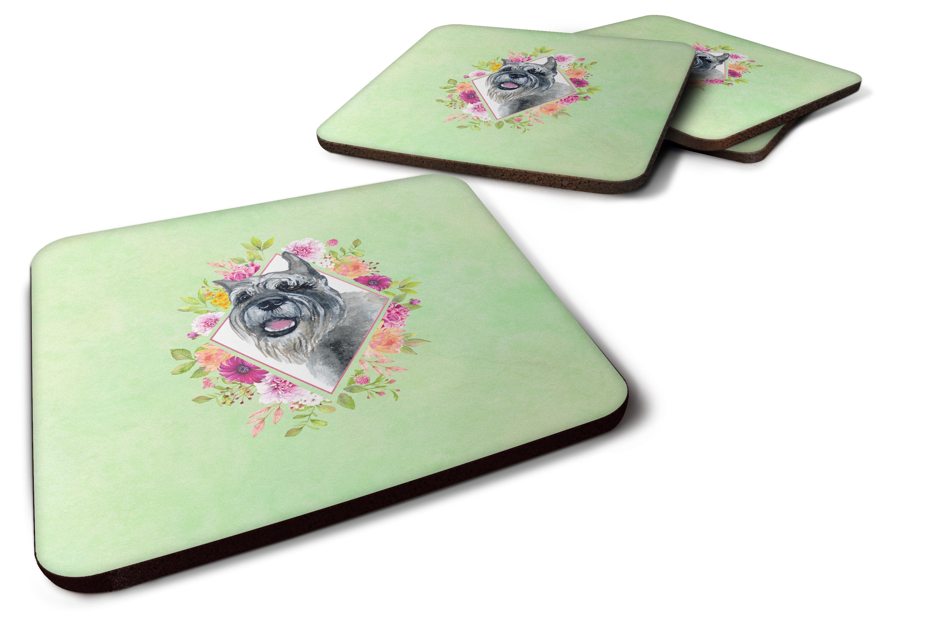 Schnauzer Green Flowers Foam Coasters Set of 4 Cup Coasters for Indoor Outdoor, Tabletop Protection, Anti Slip, Mouse pad Material