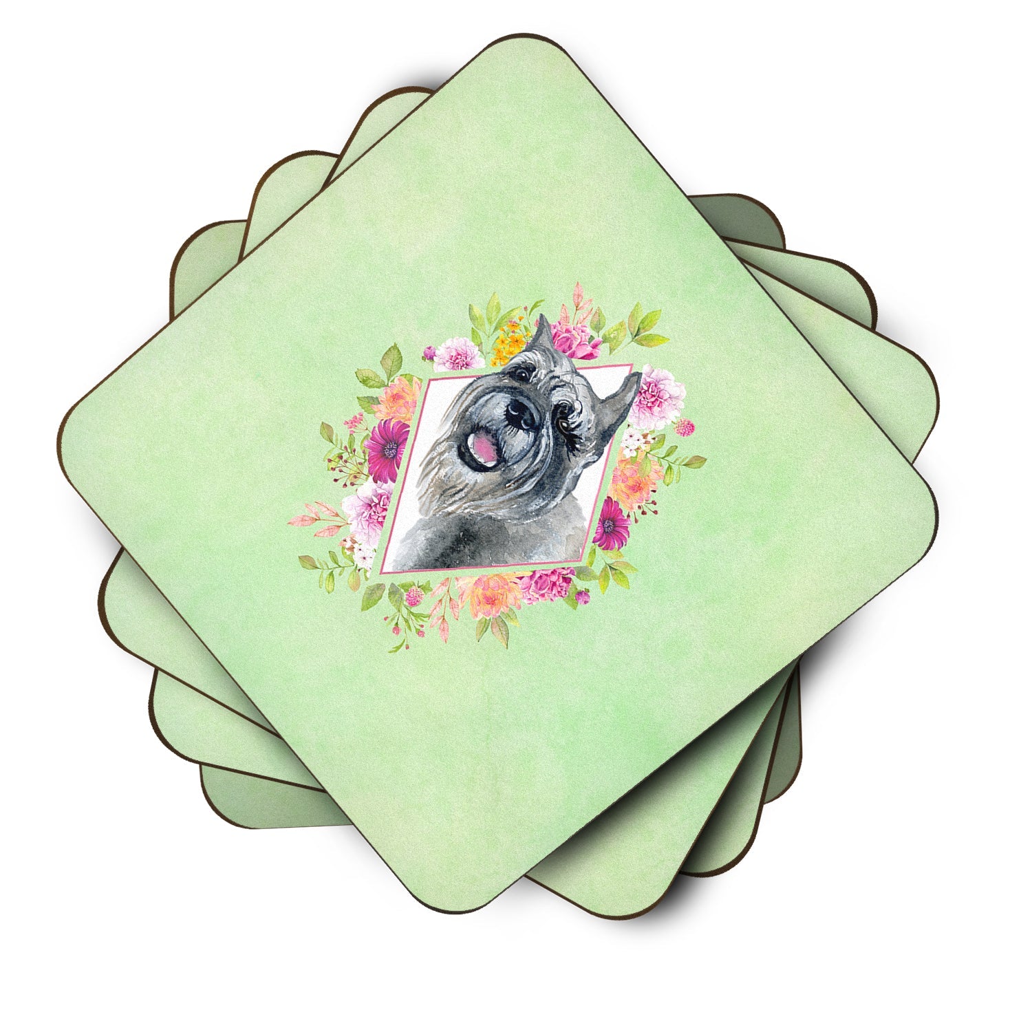 Schnauzer Green Flowers Foam Coasters Set of 4 Cup Coasters for Indoor Outdoor, Tabletop Protection, Anti Slip, Mouse pad Material