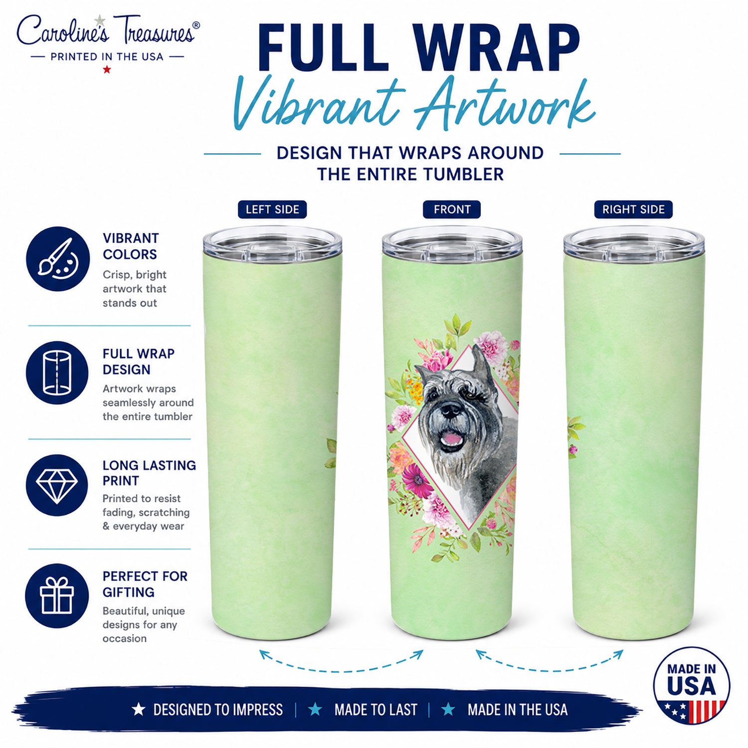 Schnauzer Green Flowers Stainless Steel Skinny Tumbler 20 oz Vacuum Double Walled Reusable Insulated Travel Cup