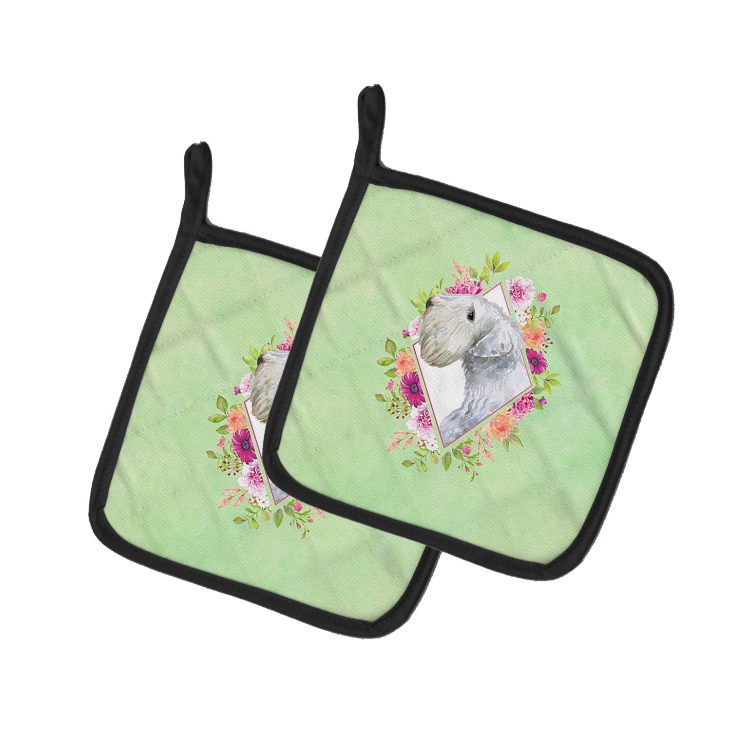 Sealyham Terrier Green Flowers Pot Holder Set of 2 Heat Resistant Quilted Hot Pads 7.5 x 7.5 Inch, Insulated Kitchen Trivets for Cooking & Baking