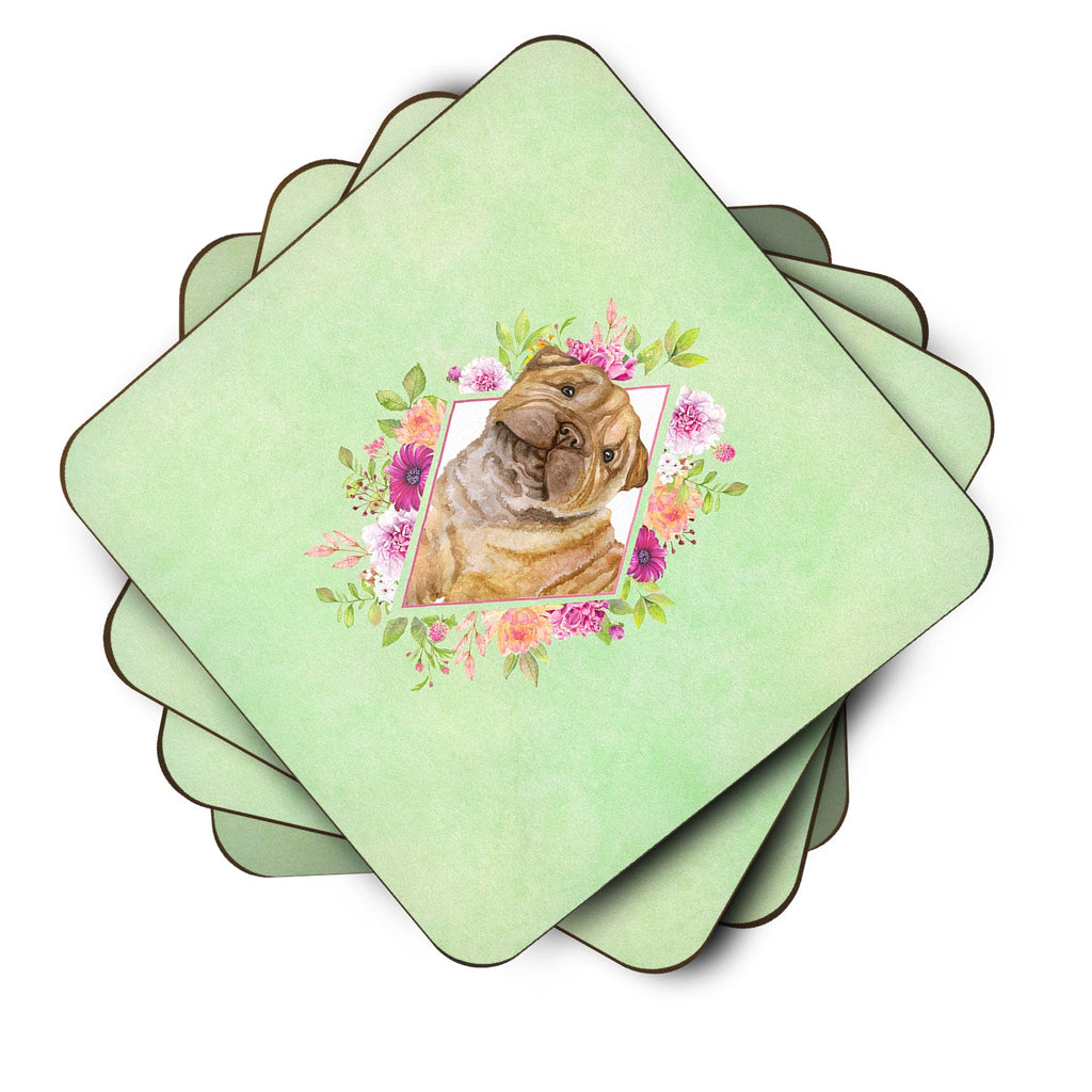 Shar Pei Green Flowers Foam Coasters Set of 4 Cup Coasters for Indoor Outdoor, Tabletop Protection, Anti Slip, Mouse pad Material