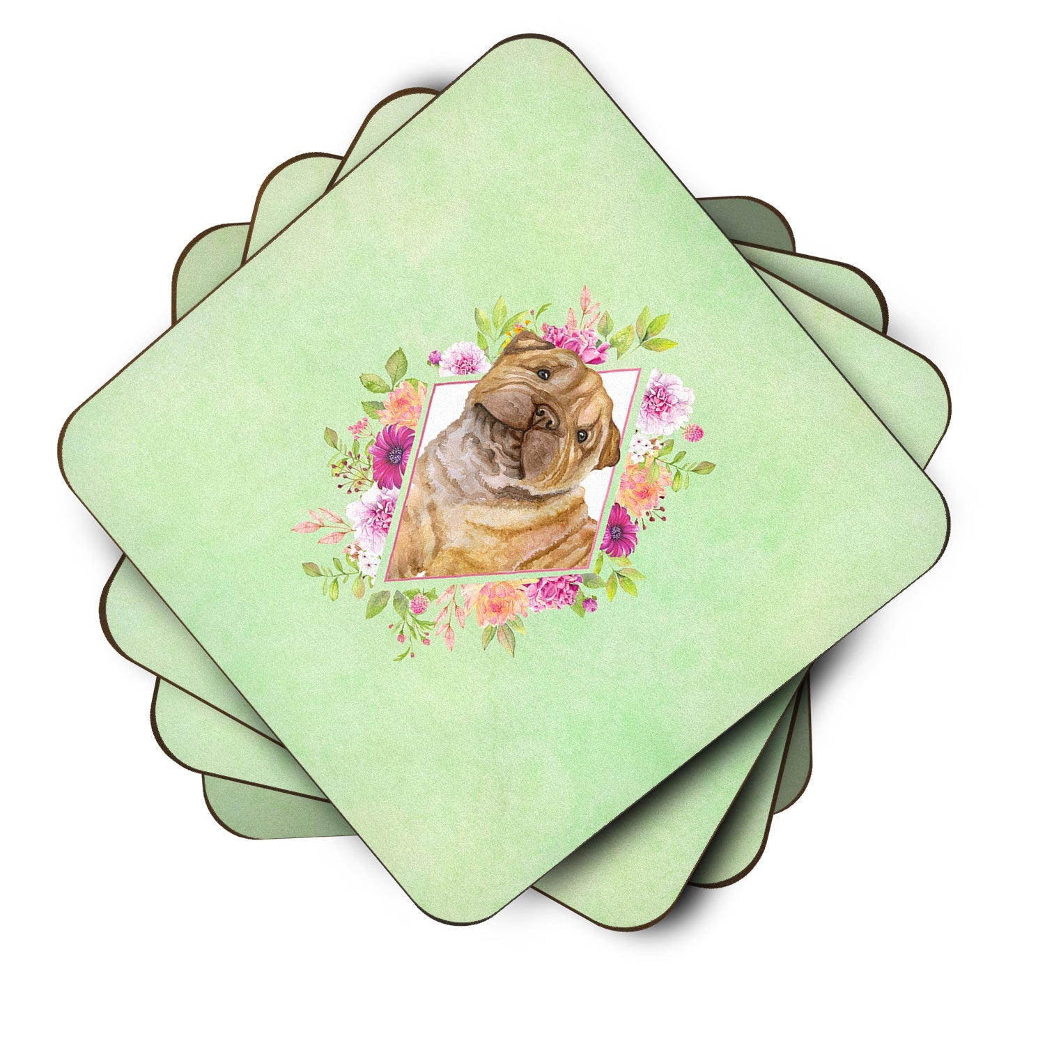 Shar Pei Green Flowers Foam Coasters Set of 4 Cup Coasters for Indoor Outdoor, Tabletop Protection, Anti Slip, Mouse pad Material