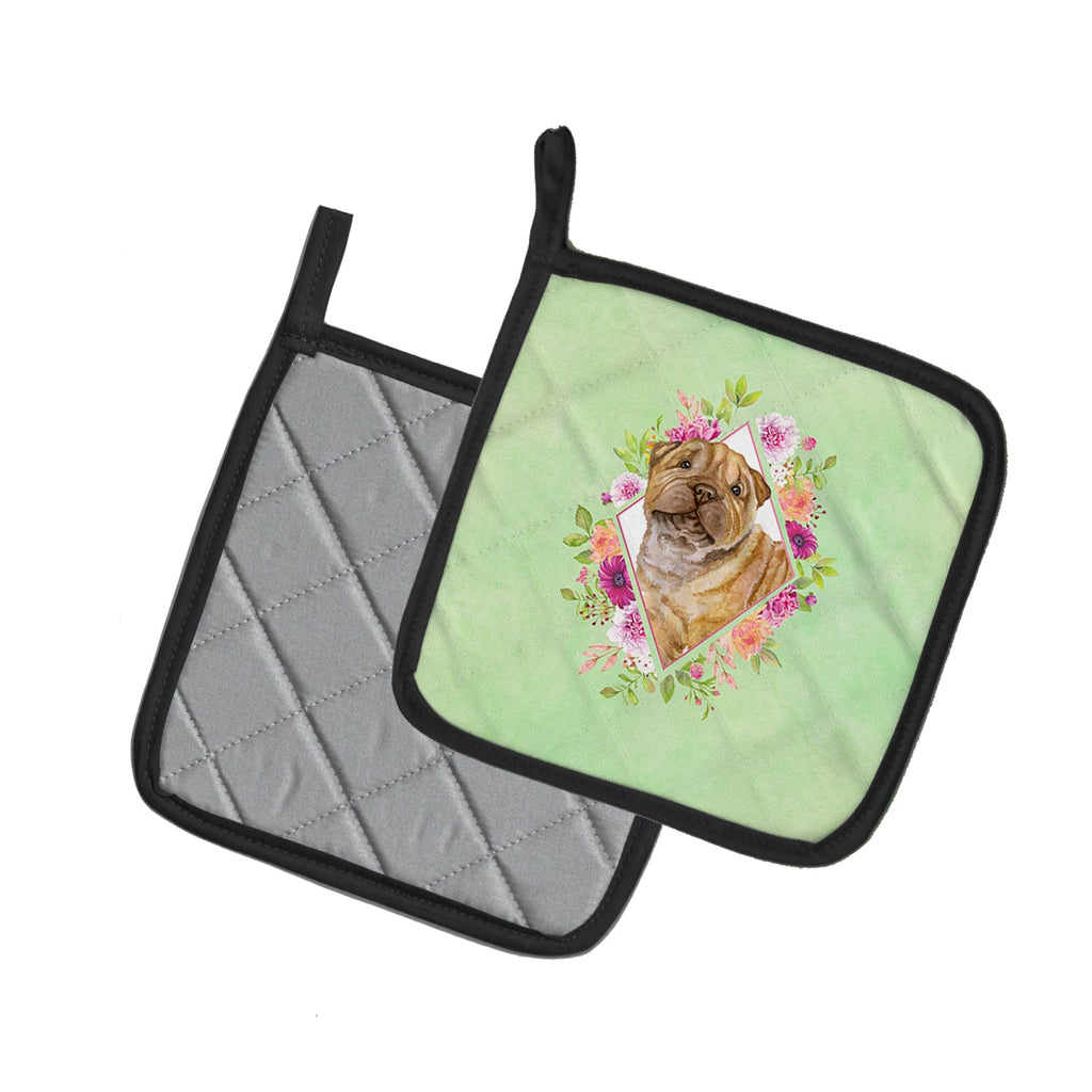 Shar Pei Green Flowers Pot Holder Set of 2 Heat Resistant Quilted Hot Pads 7.5 x 7.5 Inch, Insulated Kitchen Trivets for Cooking & Baking