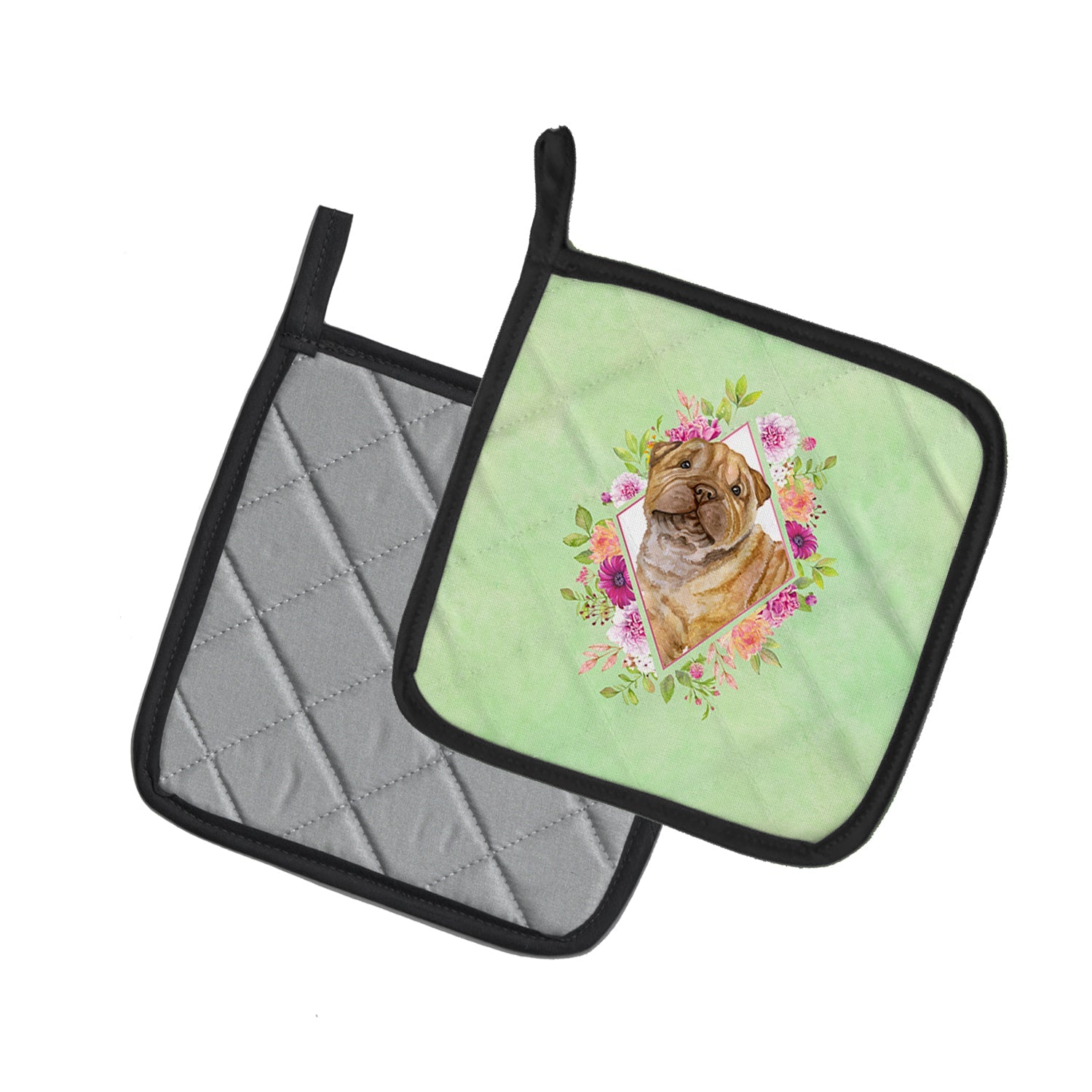 Shar Pei Green Flowers Pot Holder Set of 2 Heat Resistant Quilted Hot Pads 7.5 x 7.5 Inch, Insulated Kitchen Trivets for Cooking & Baking