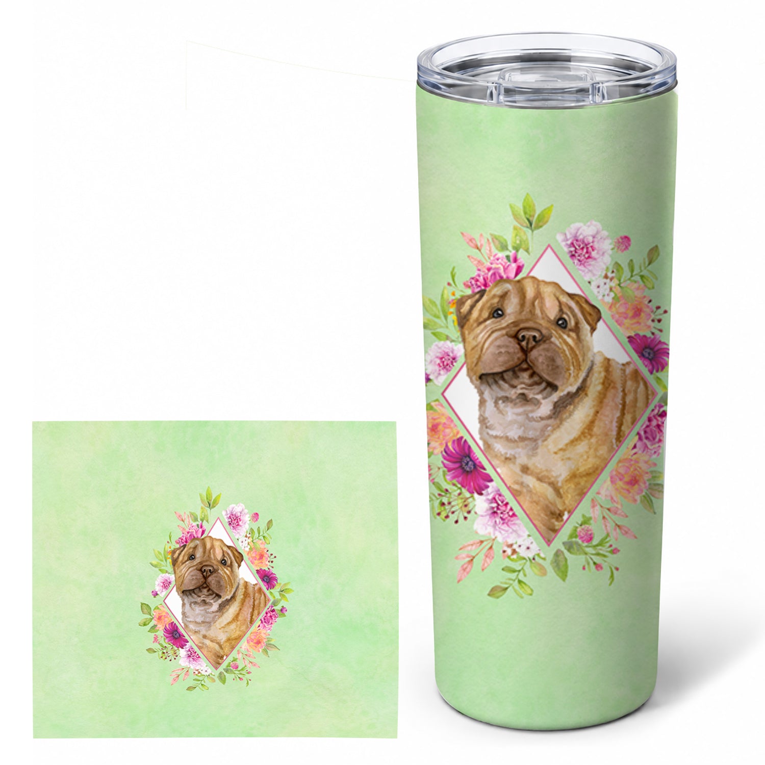 Shar Pei Green Flowers Stainless Steel Skinny Tumbler 20 oz Vacuum Double Walled Reusable Insulated Travel Cup
