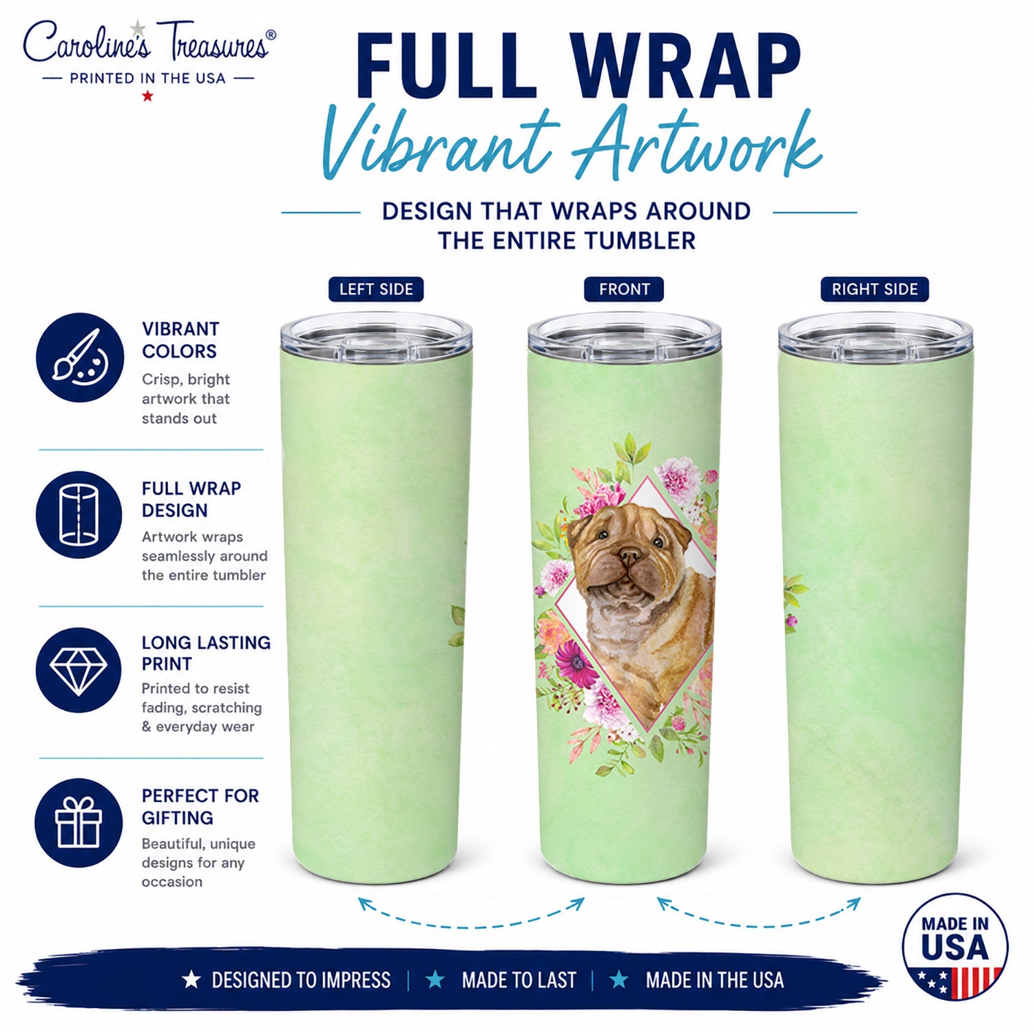 Shar Pei Green Flowers Stainless Steel Skinny Tumbler 20 oz Vacuum Double Walled Reusable Insulated Travel Cup