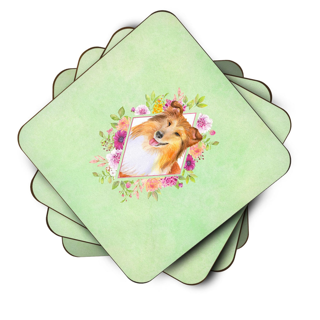 Sheltie Shetland Sheepdog Green Flowers Foam Coasters Set of 4 Cup Coasters for Indoor Outdoor, Tabletop Protection, Anti Slip, Mouse pad Material