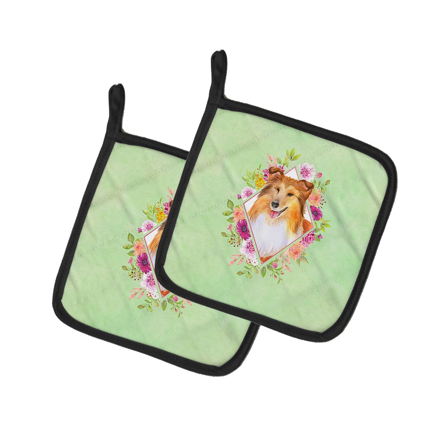 Sheltie Shetland Sheepdog Green Flowers Pot Holder Set of 2 Heat Resistant Quilted Hot Pads 7.5 x 7.5 Inch, Insulated Kitchen Trivets for Cooking & Baking