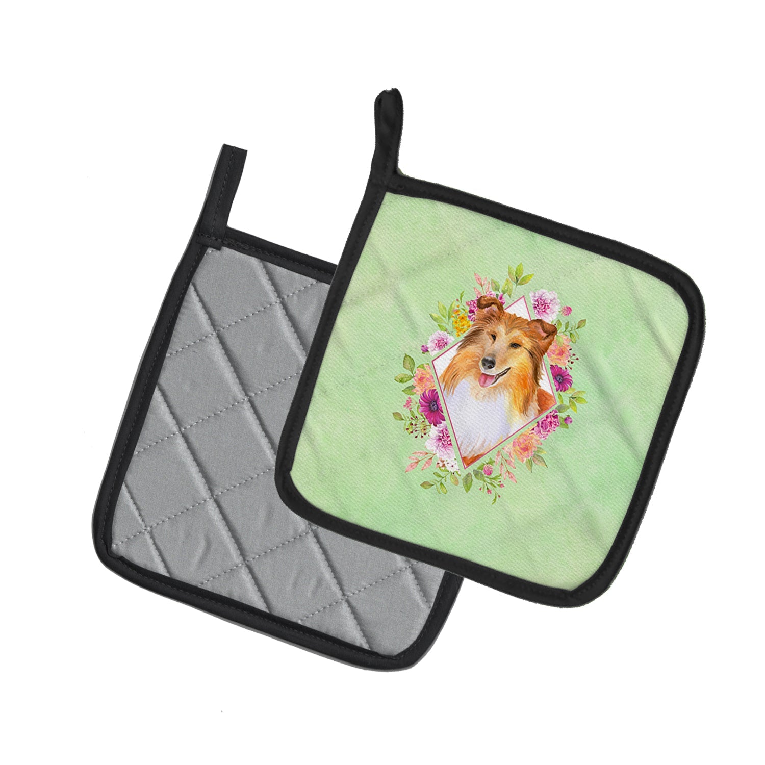 Sheltie Shetland Sheepdog Green Flowers Pot Holder Set of 2 Heat Resistant Quilted Hot Pads 7.5 x 7.5 Inch, Insulated Kitchen Trivets for Cooking & Baking