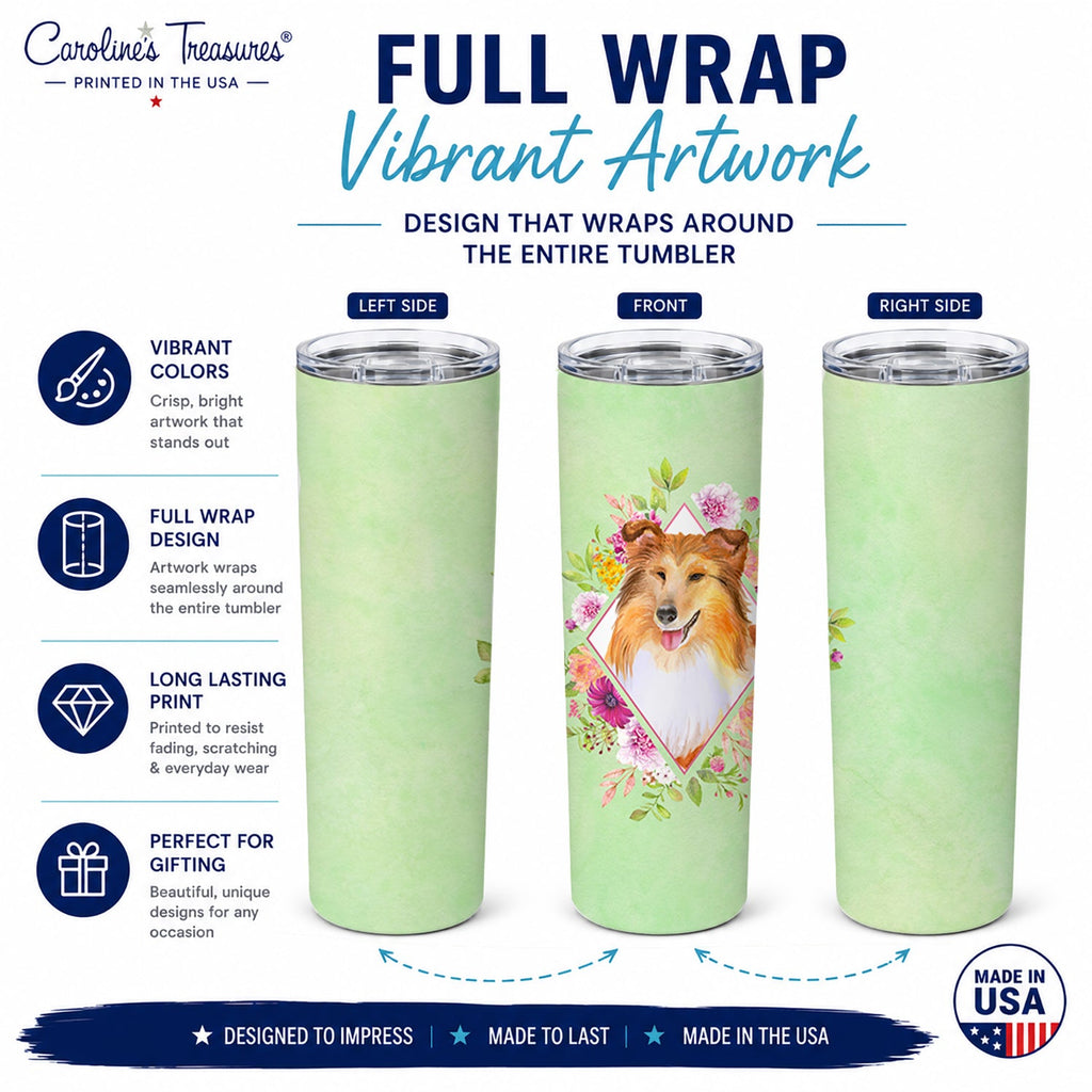 Sheltie Shetland Sheepdog Green Flowers Stainless Steel Skinny Tumbler 20 oz Vacuum Double Walled Reusable Insulated Travel Cup