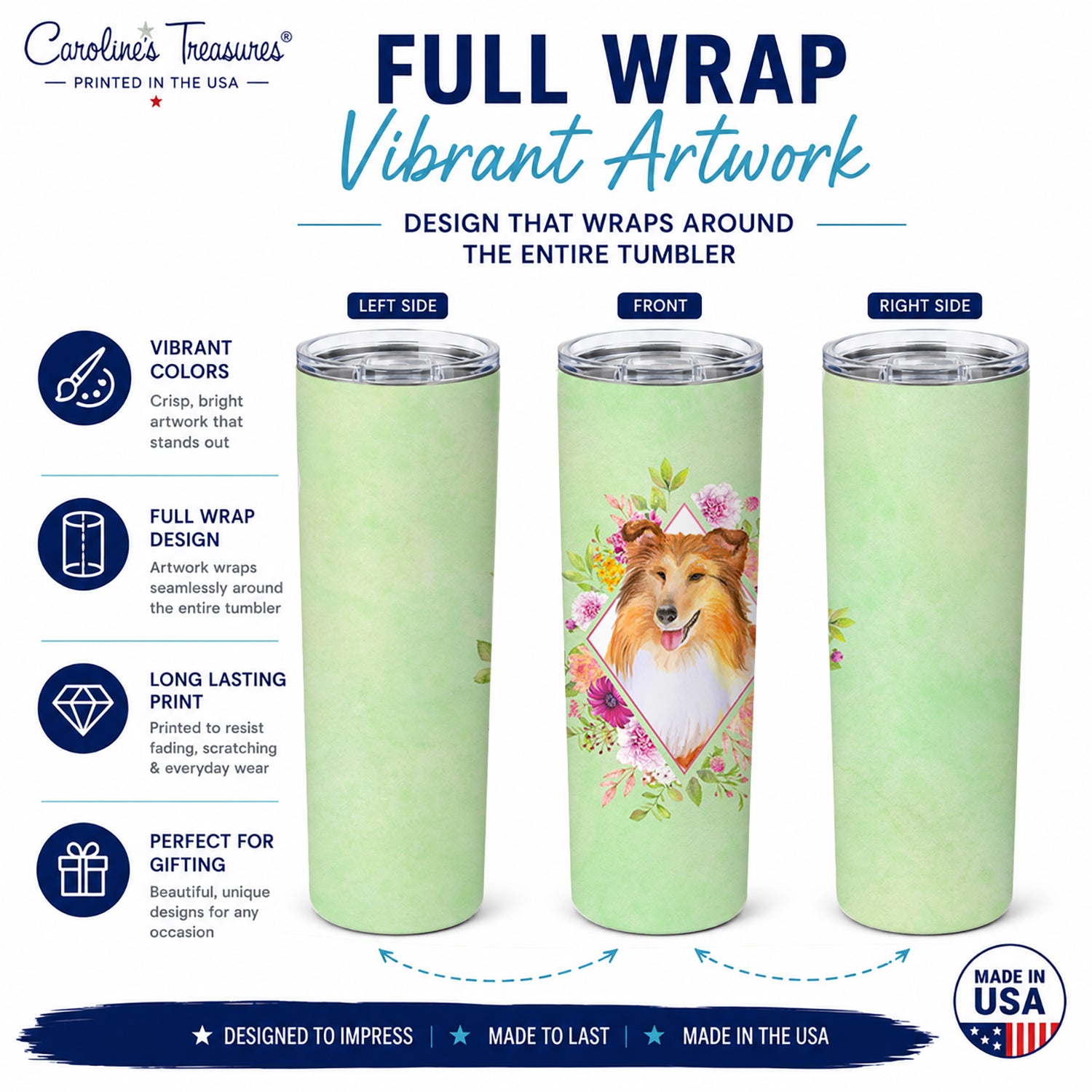 Sheltie Shetland Sheepdog Green Flowers Stainless Steel Skinny Tumbler 20 oz Vacuum Double Walled Reusable Insulated Travel Cup