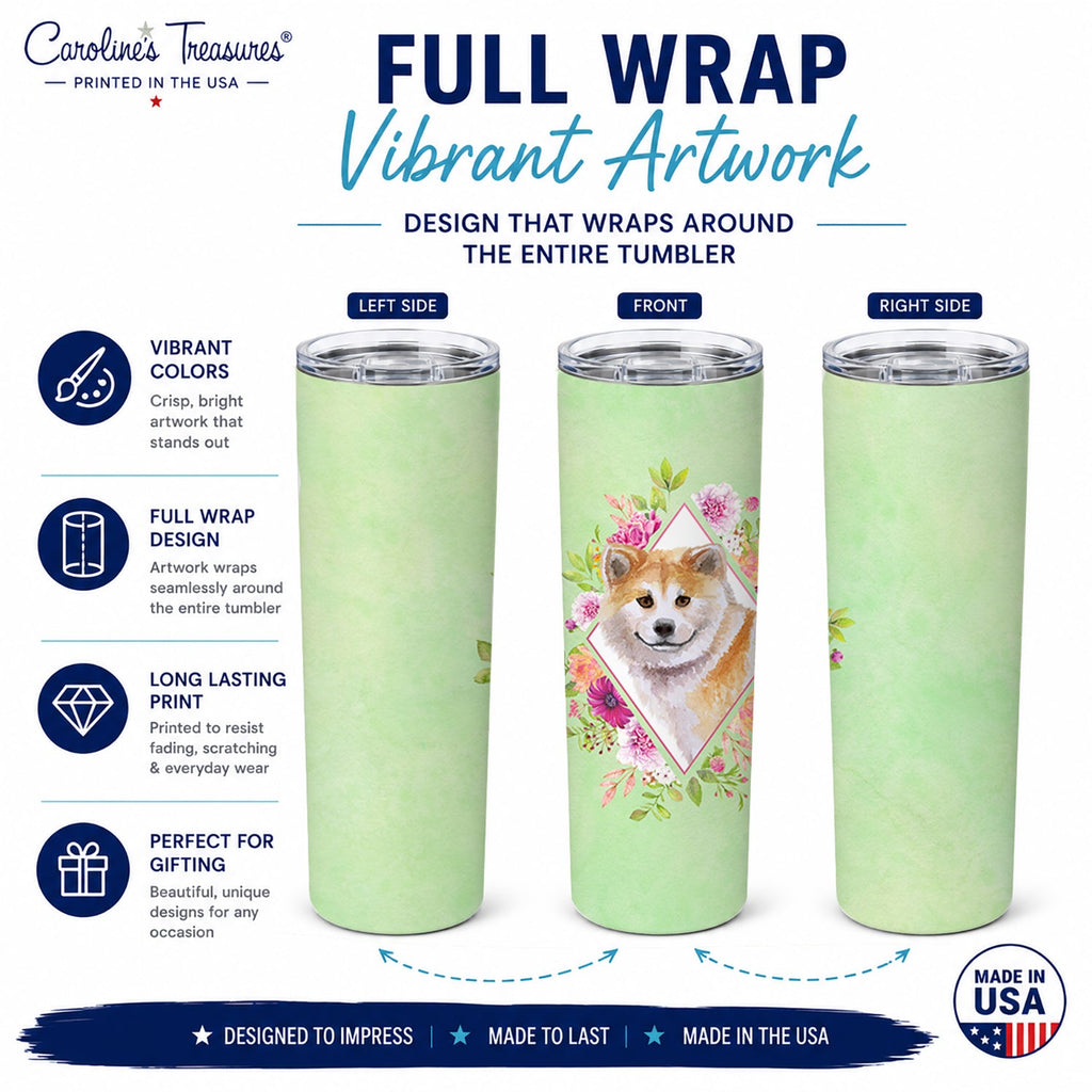 Shiba Inu Green Flowers Stainless Steel Skinny Tumbler 20 oz Vacuum Double Walled Reusable Insulated Travel Cup
