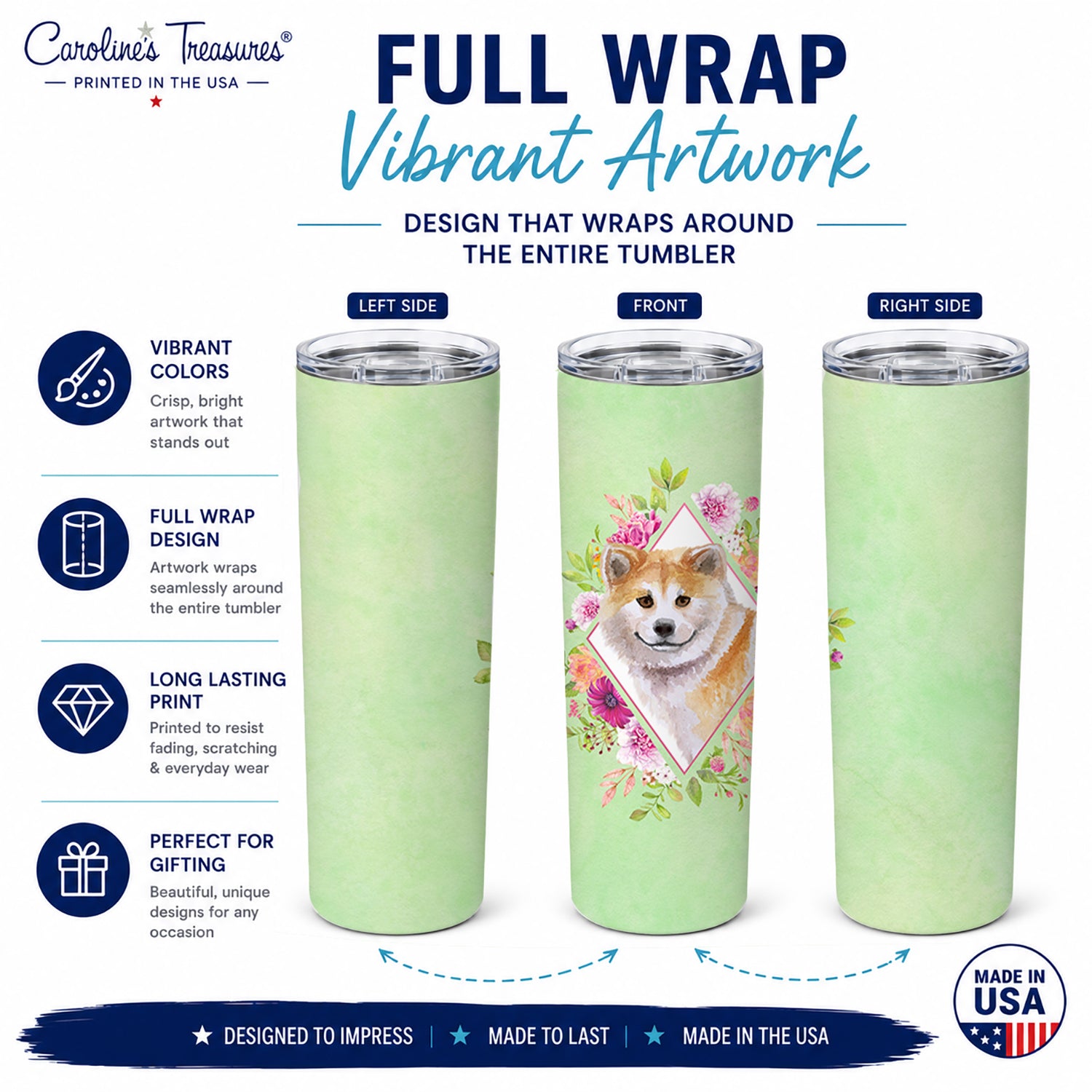 Shiba Inu Green Flowers Stainless Steel Skinny Tumbler 20 oz Vacuum Double Walled Reusable Insulated Travel Cup