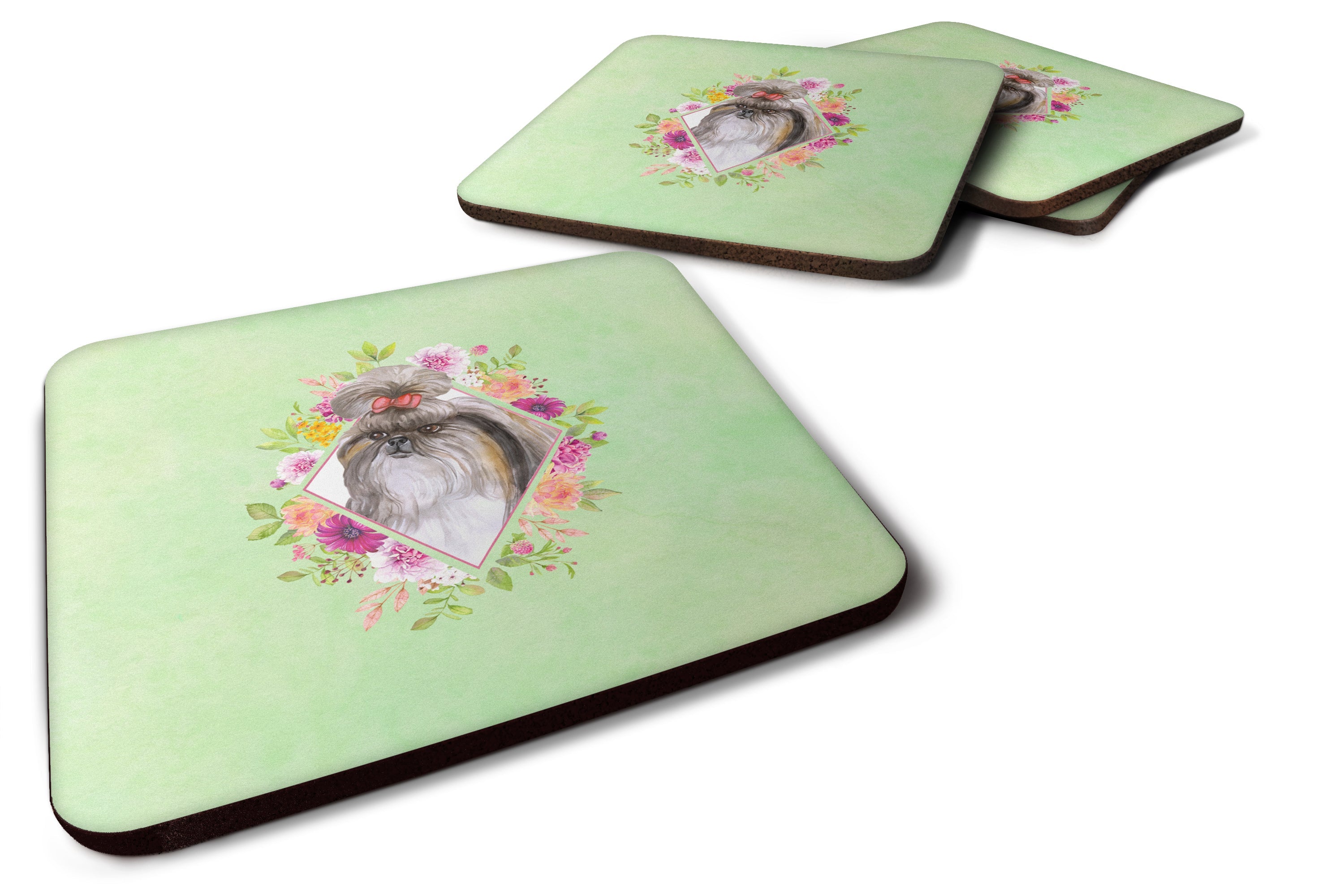 Shih Tzu Green Flowers Foam Coasters Set of 4 Cup Coasters for Indoor Outdoor, Tabletop Protection, Anti Slip, Mouse pad Material