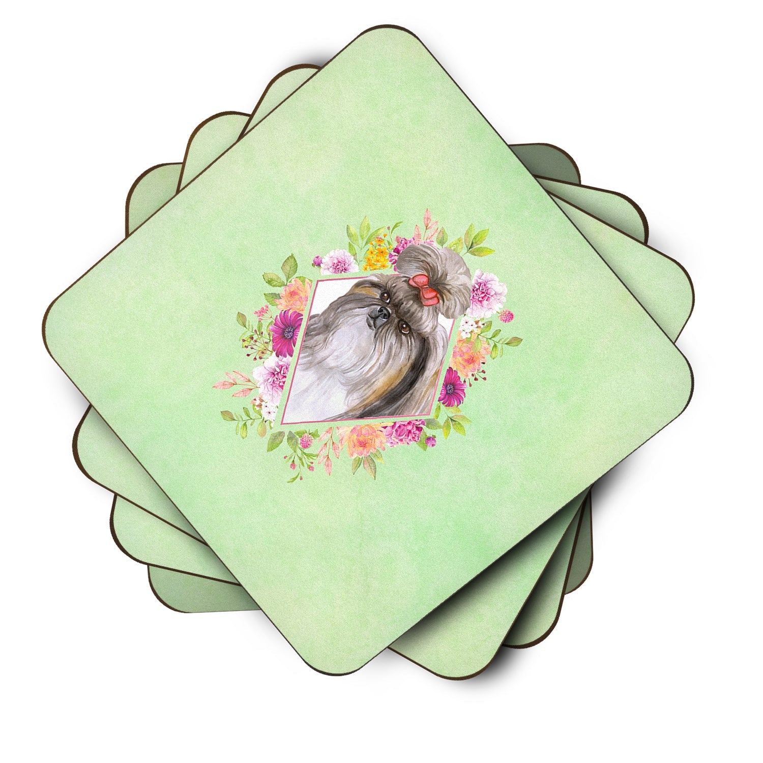 Shih Tzu Green Flowers Foam Coasters Set of 4 Cup Coasters for Indoor Outdoor, Tabletop Protection, Anti Slip, Mouse pad Material