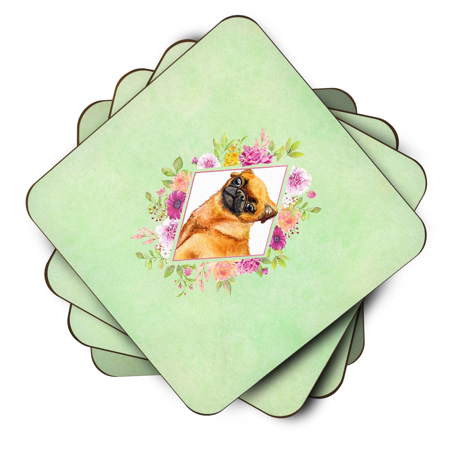 Brabant Griffon Green Flowers Foam Coasters Set of 4 Cup Coasters for Indoor Outdoor, Tabletop Protection, Anti Slip, Mouse pad Material