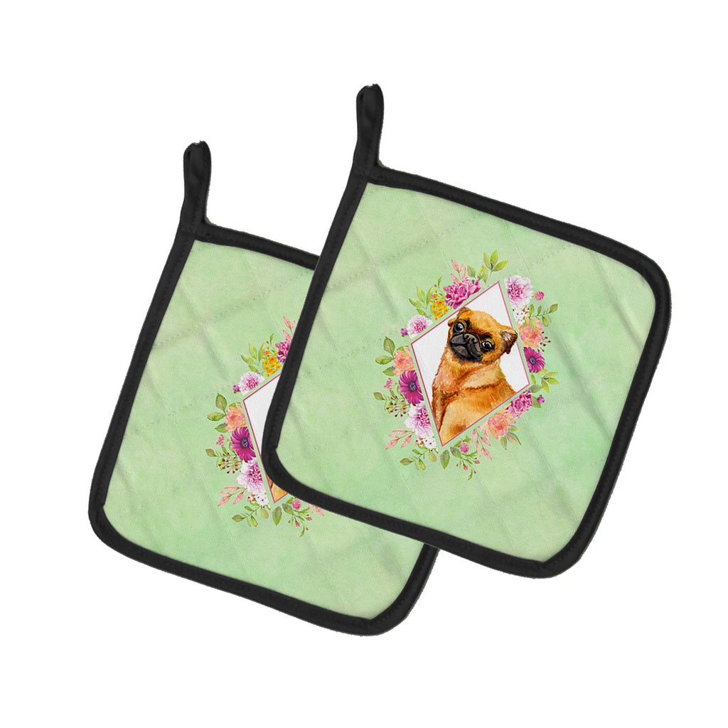 Brabant Griffon Green Flowers Pot Holder Set of 2 Heat Resistant Quilted Hot Pads 7.5 x 7.5 Inch, Insulated Kitchen Trivets for Cooking & Baking