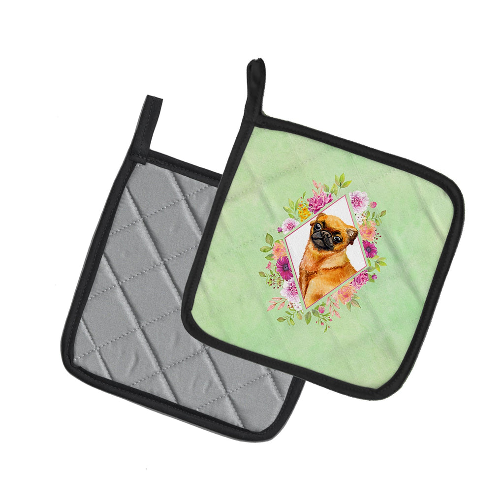 Brabant Griffon Green Flowers Pot Holder Set of 2 Heat Resistant Quilted Hot Pads 7.5 x 7.5 Inch, Insulated Kitchen Trivets for Cooking & Baking