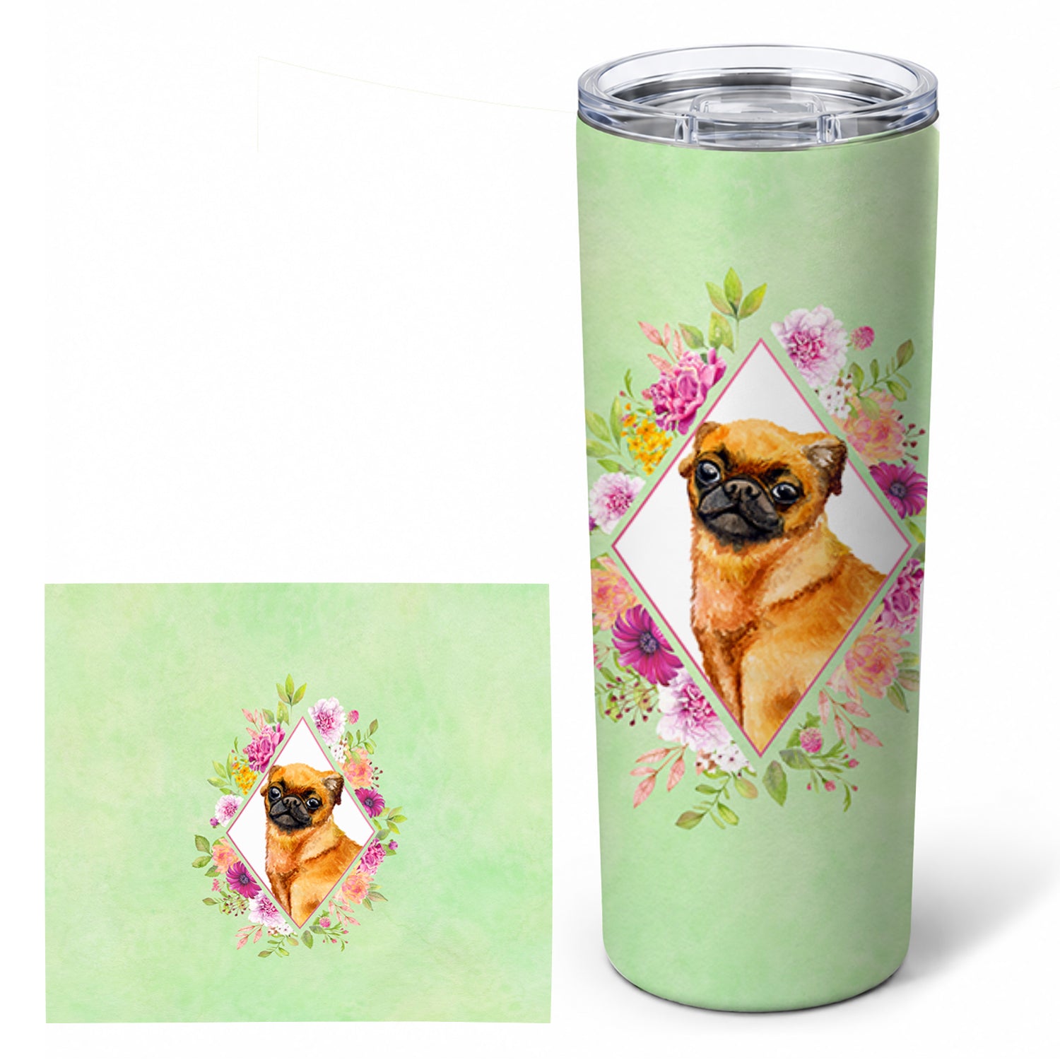 Brabant Griffon Green Flowers Stainless Steel Skinny Tumbler 20 oz Vacuum Double Walled Reusable Insulated Travel Cup