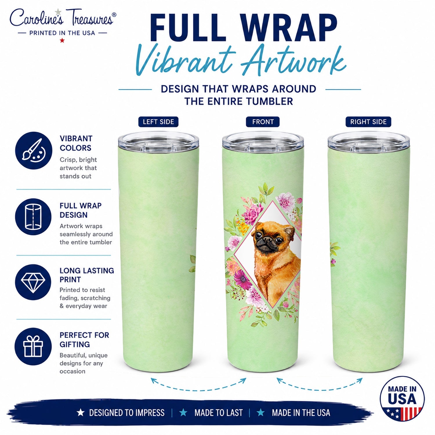 Brabant Griffon Green Flowers Stainless Steel Skinny Tumbler 20 oz Vacuum Double Walled Reusable Insulated Travel Cup