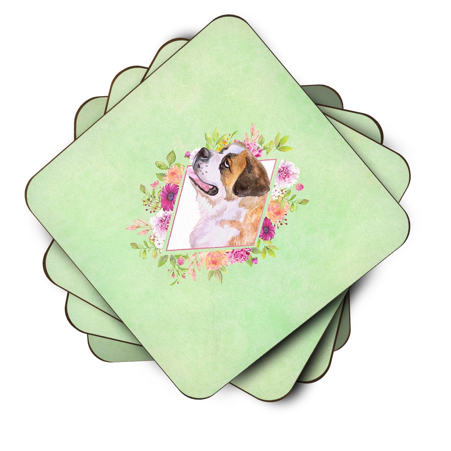 Saint Bernard #1 Green Flowers Foam Coasters Set of 4 Cup Coasters for Indoor Outdoor, Tabletop Protection, Anti Slip, Mouse pad Material