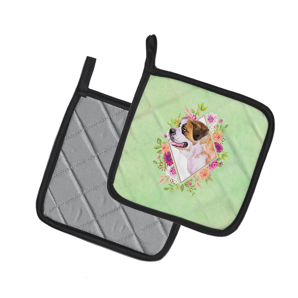 Saint Bernard #1 Green Flowers Pot Holder Set of 2 Heat Resistant Quilted Hot Pads 7.5 x 7.5 Inch, Insulated Kitchen Trivets for Cooking & Baking