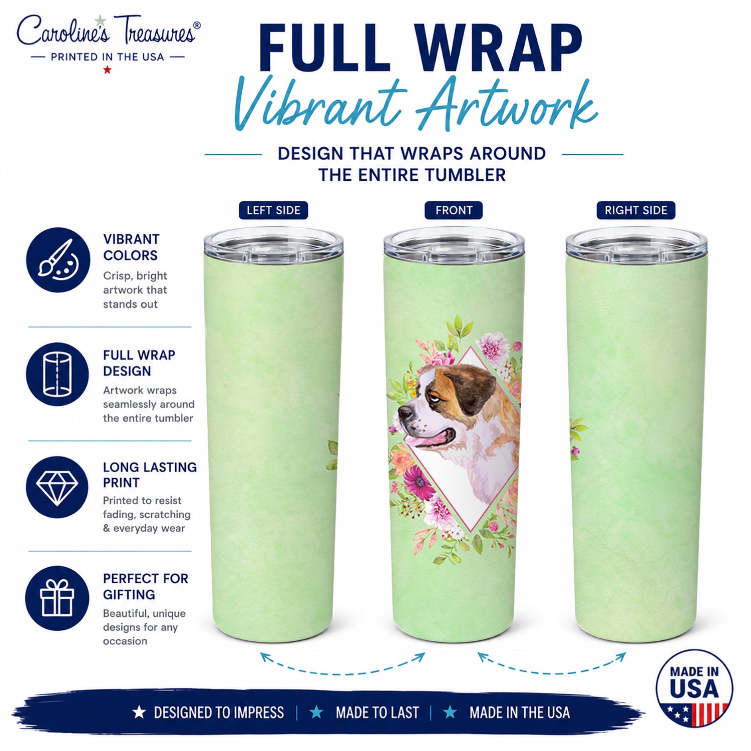 Saint Bernard #1 Green Flowers Stainless Steel Skinny Tumbler 20 oz Vacuum Double Walled Reusable Insulated Travel Cup