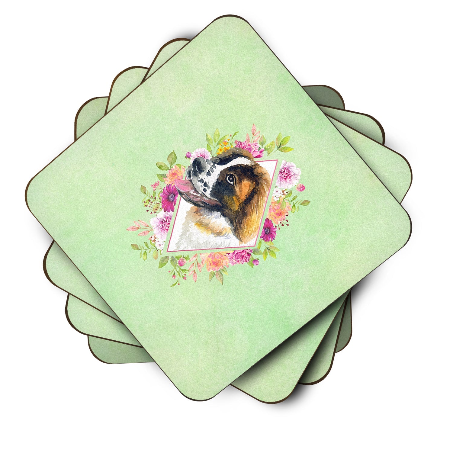 Saint Bernard #2 Green Flowers Foam Coasters Set of 4 Cup Coasters for Indoor Outdoor, Tabletop Protection, Anti Slip, Mouse pad Material