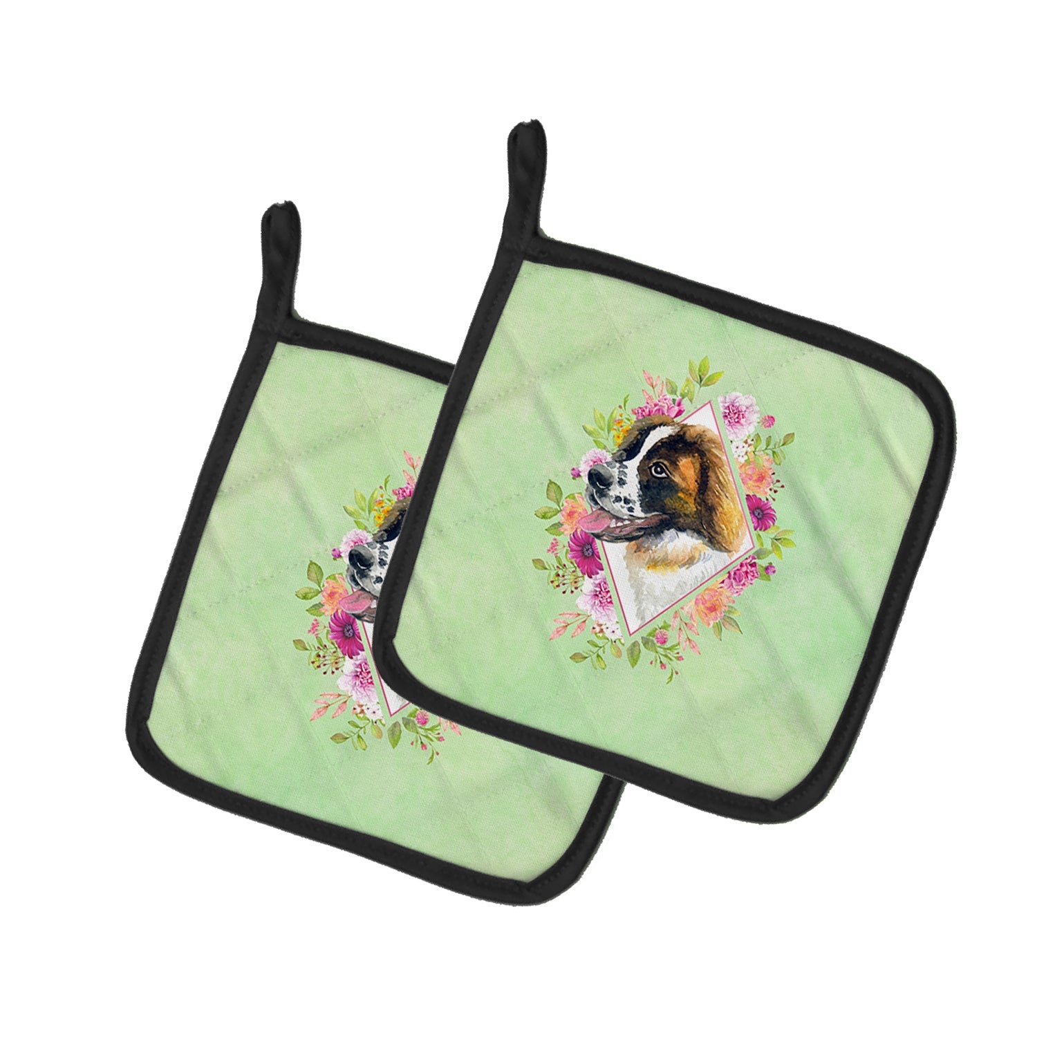Saint Bernard #2 Green Flowers Pot Holder Set of 2 Heat Resistant Quilted Hot Pads 7.5 x 7.5 Inch, Insulated Kitchen Trivets for Cooking & Baking