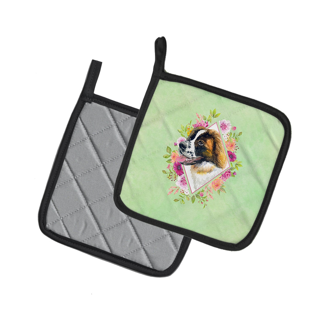 Saint Bernard #2 Green Flowers Pot Holder Set of 2 Heat Resistant Quilted Hot Pads 7.5 x 7.5 Inch, Insulated Kitchen Trivets for Cooking & Baking