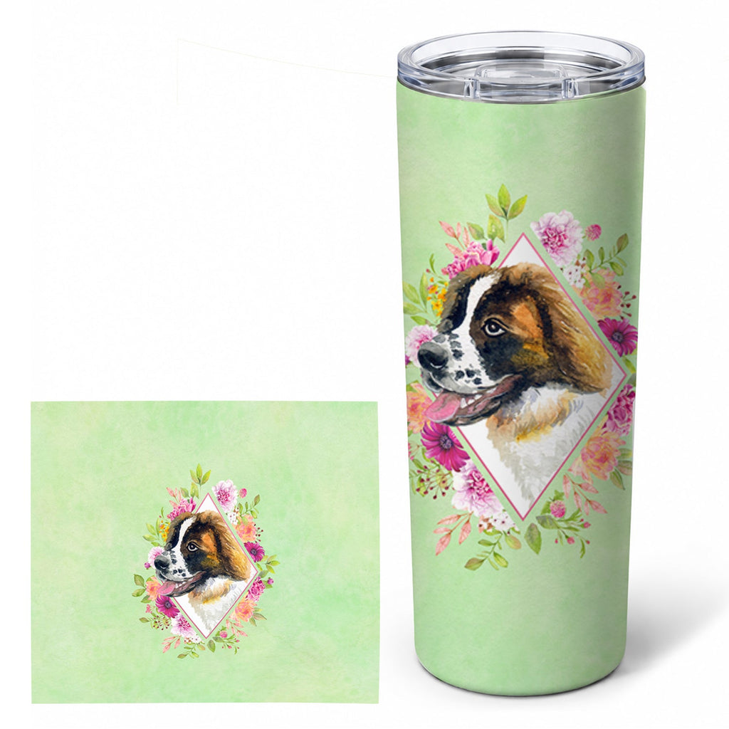 Saint Bernard #2 Green Flowers Stainless Steel Skinny Tumbler 20 oz Vacuum Double Walled Reusable Insulated Travel Cup