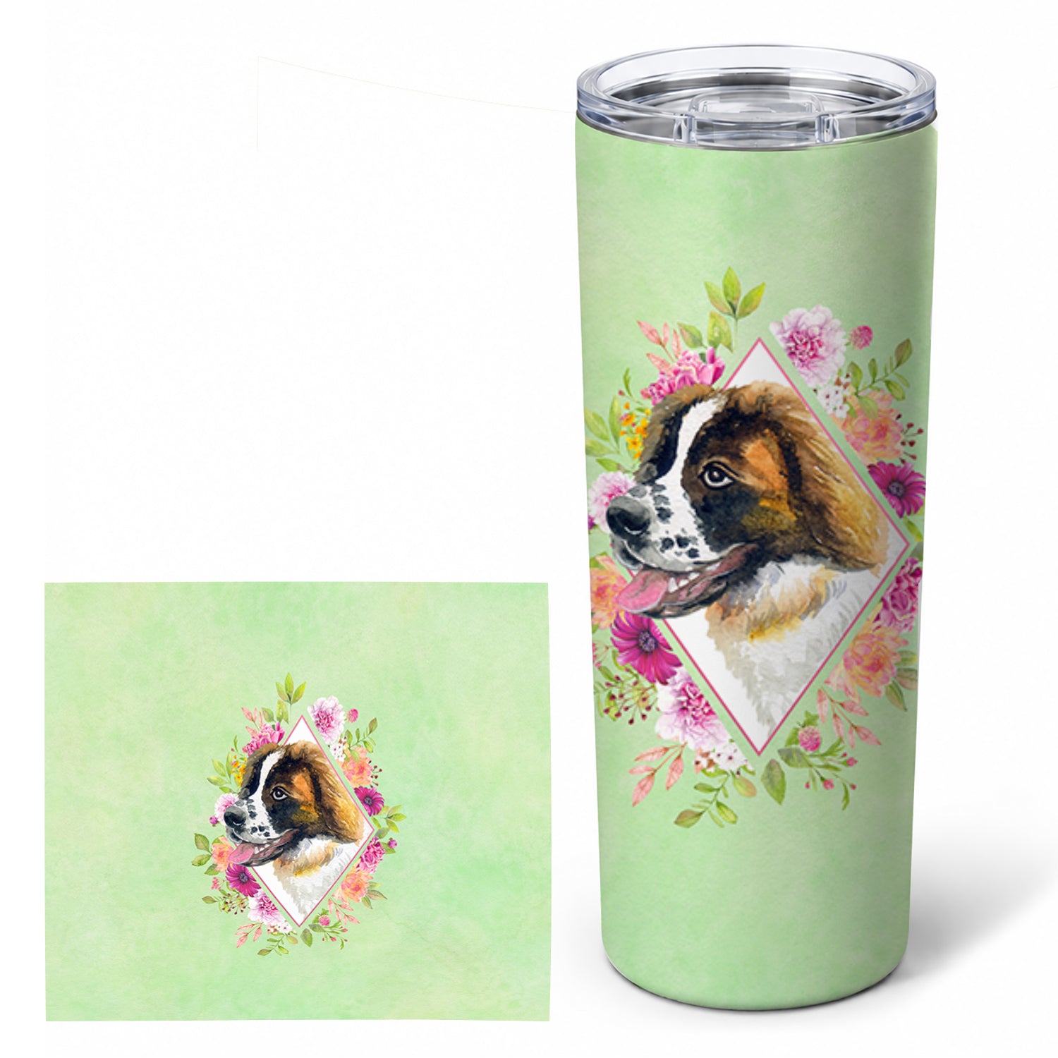 Saint Bernard #2 Green Flowers Stainless Steel Skinny Tumbler 20 oz Vacuum Double Walled Reusable Insulated Travel Cup