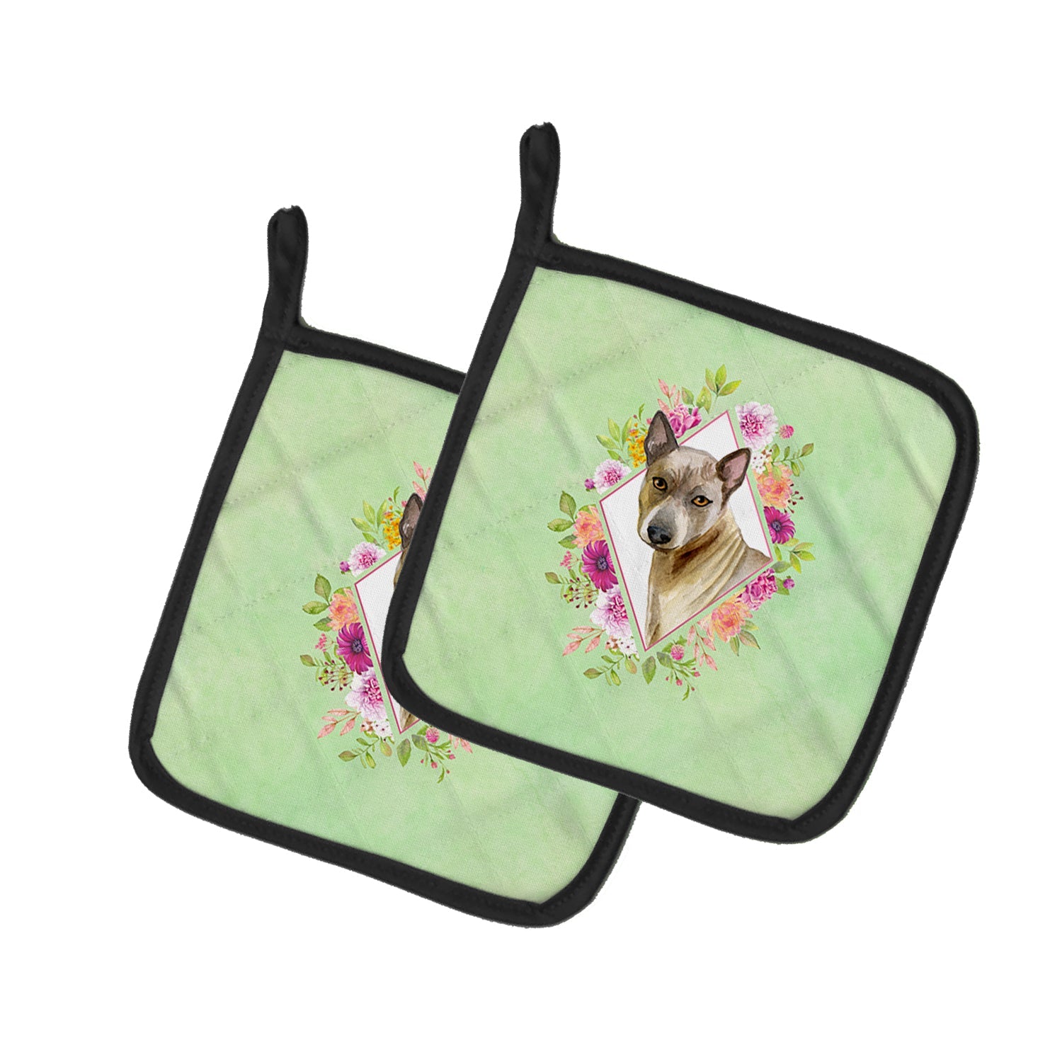 Thai Ridgeback Green Flowers Pot Holder Set of 2 Heat Resistant Quilted Hot Pads 7.5 x 7.5 Inch, Insulated Kitchen Trivets for Cooking & Baking