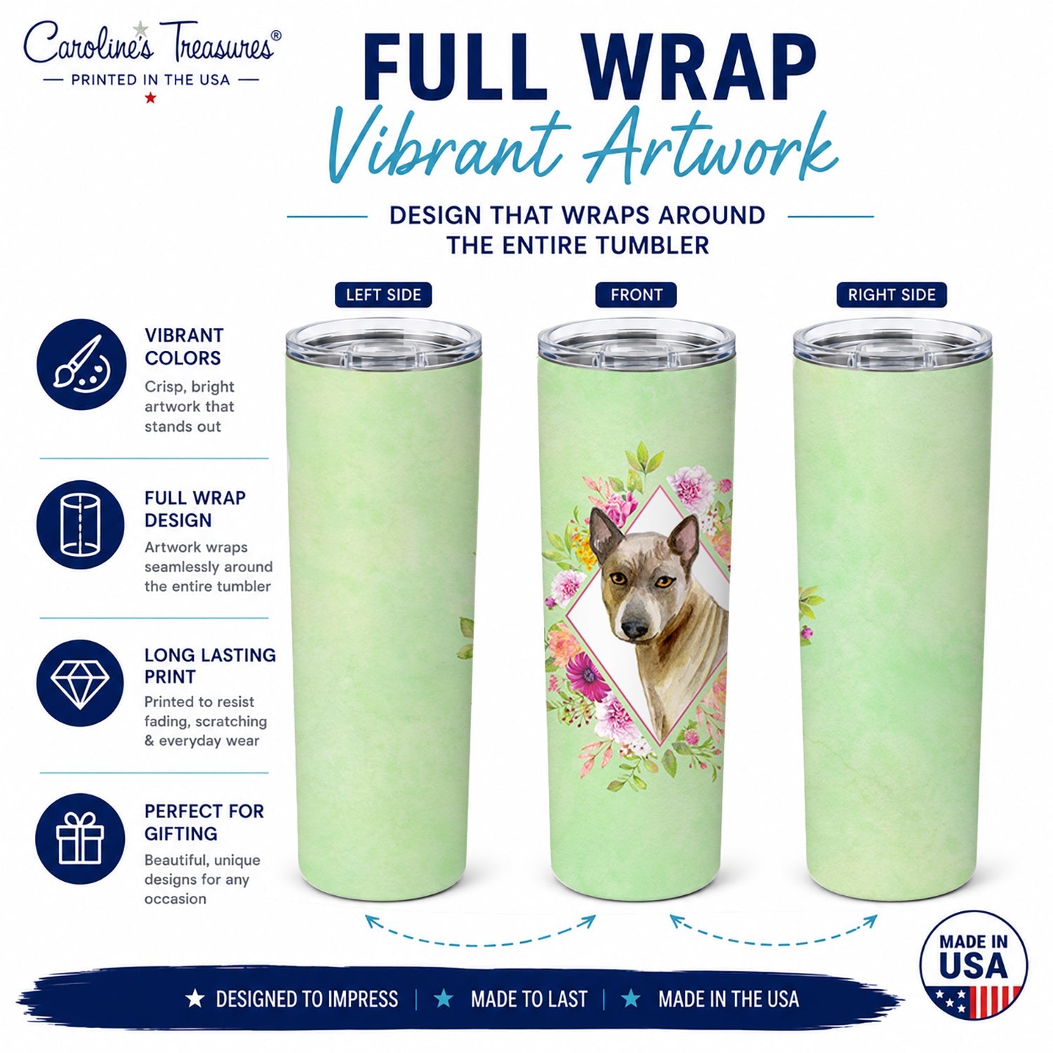 Thai Ridgeback Green Flowers Stainless Steel Skinny Tumbler 20 oz Vacuum Double Walled Reusable Insulated Travel Cup