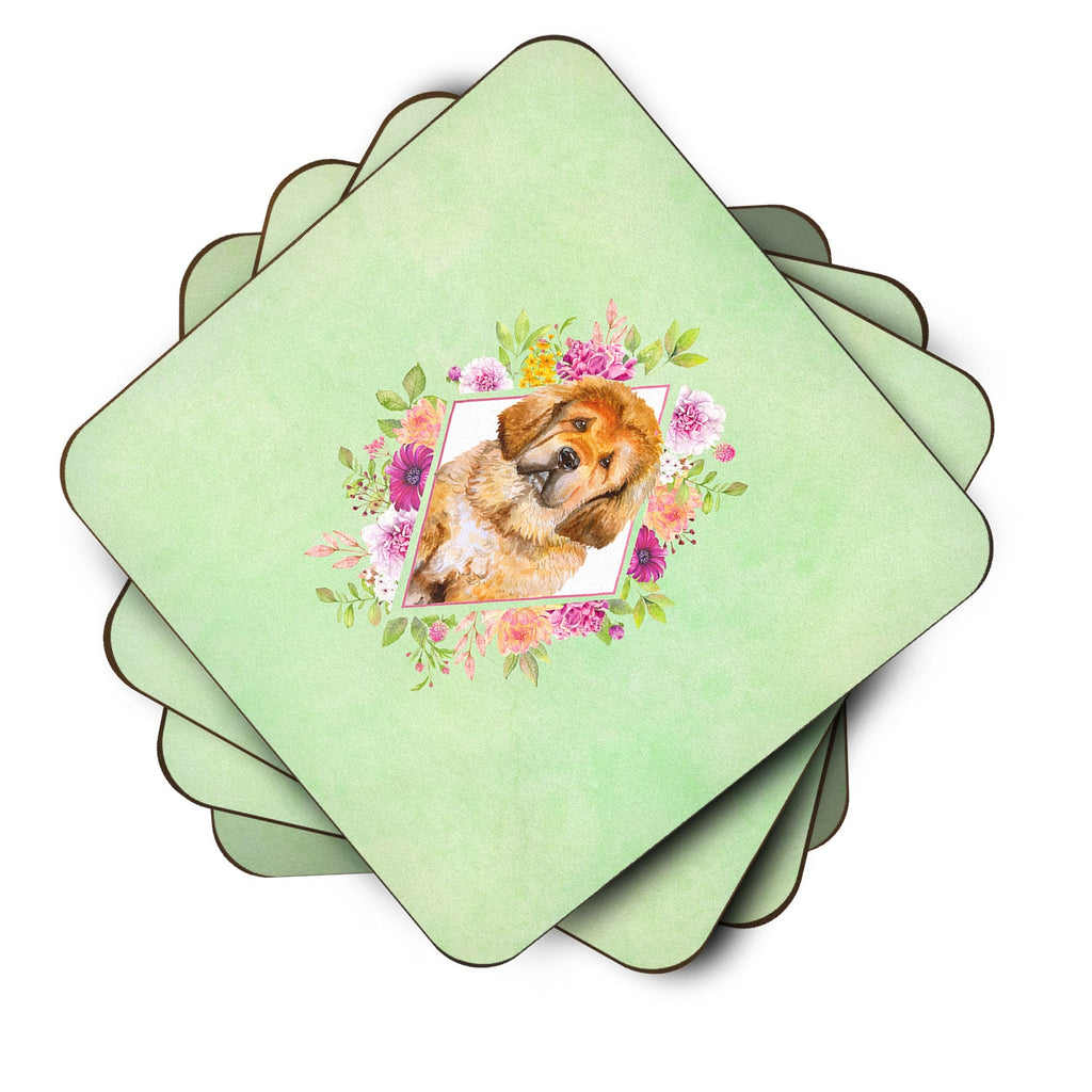 Tibetian Mastiff Puppy Green Flowers Foam Coasters Set of 4 Cup Coasters for Indoor Outdoor, Tabletop Protection, Anti Slip, Mouse pad Material