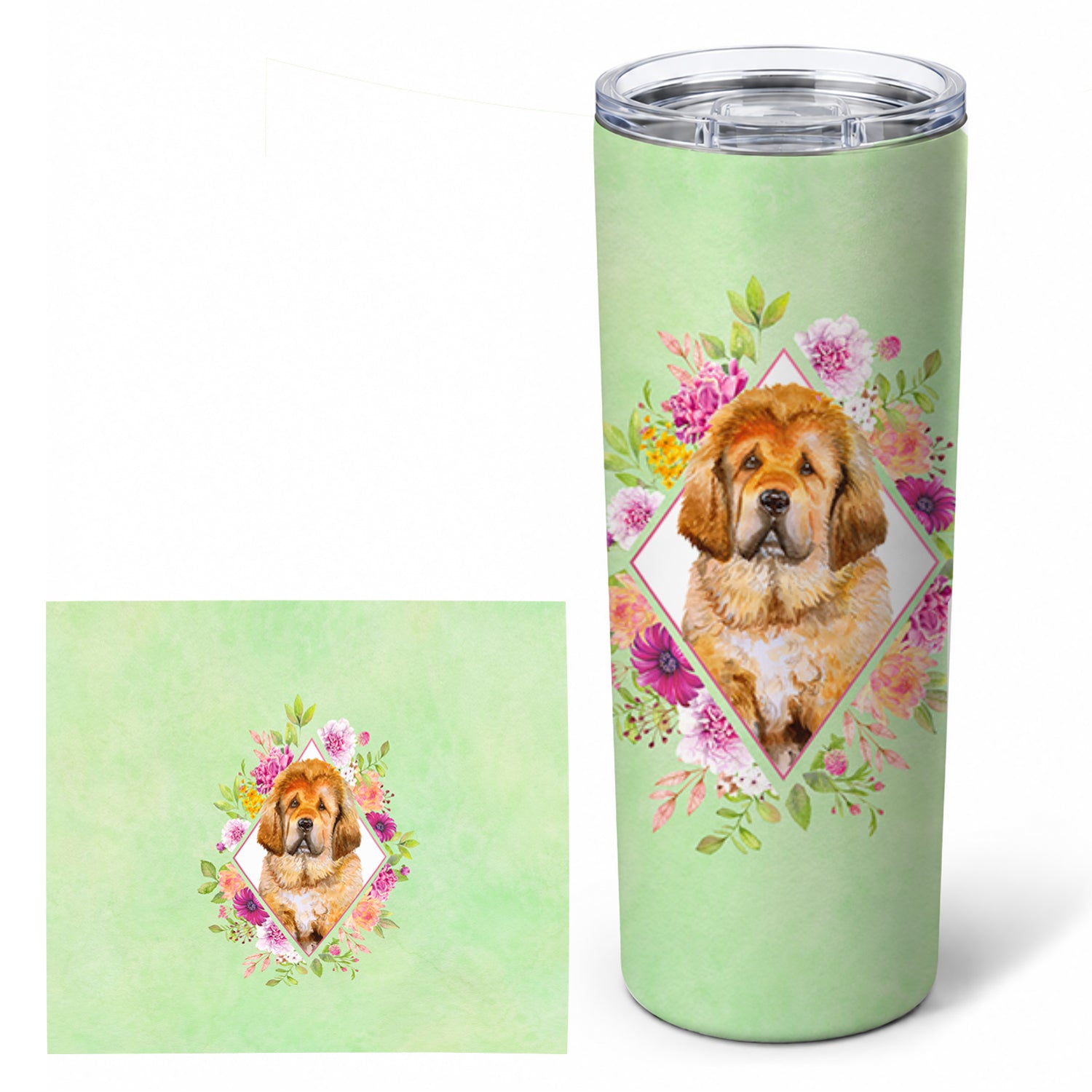 Tibetian Mastiff Puppy Green Flowers Stainless Steel Skinny Tumbler 20 oz Vacuum Double Walled Reusable Insulated Travel Cup