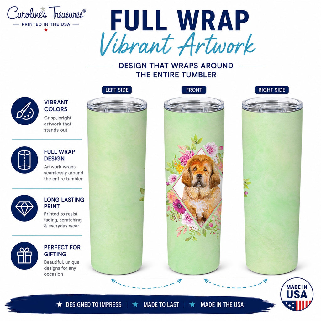 Tibetian Mastiff Puppy Green Flowers Stainless Steel Skinny Tumbler 20 oz Vacuum Double Walled Reusable Insulated Travel Cup